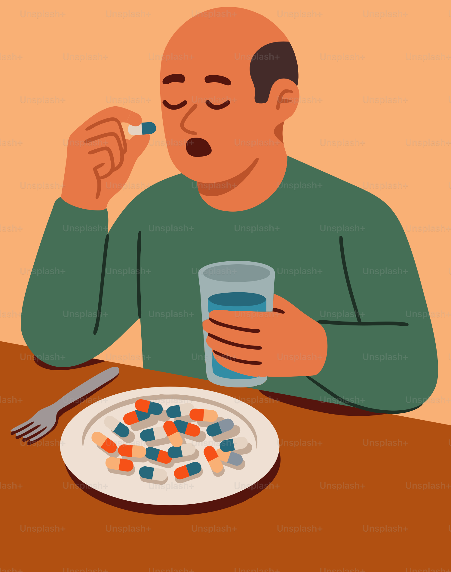 Un uomo prende pillole con un bicchiere d'acqua.