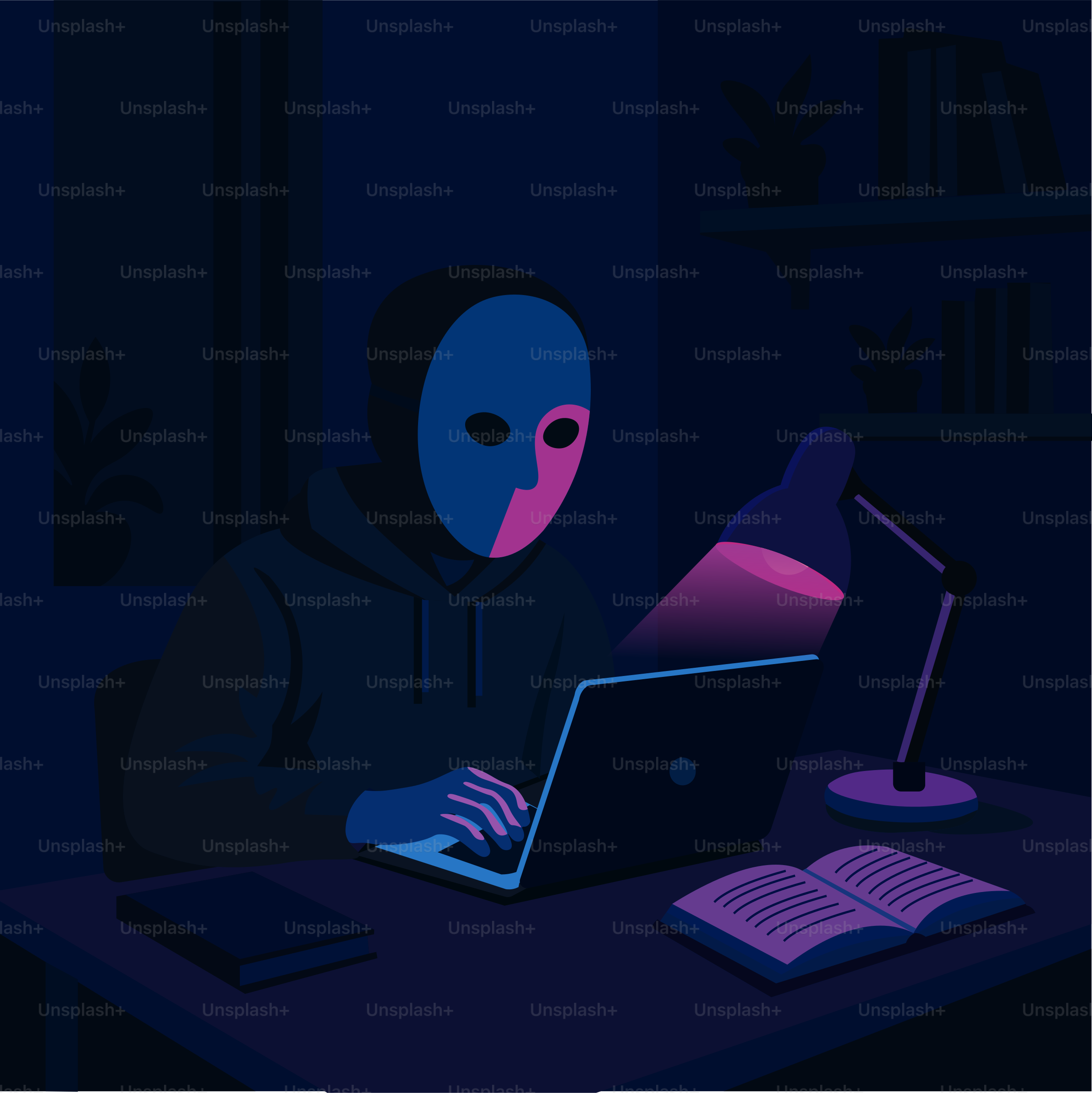 Une silhouette masquée travaille sur un ordinateur portable la nuit.