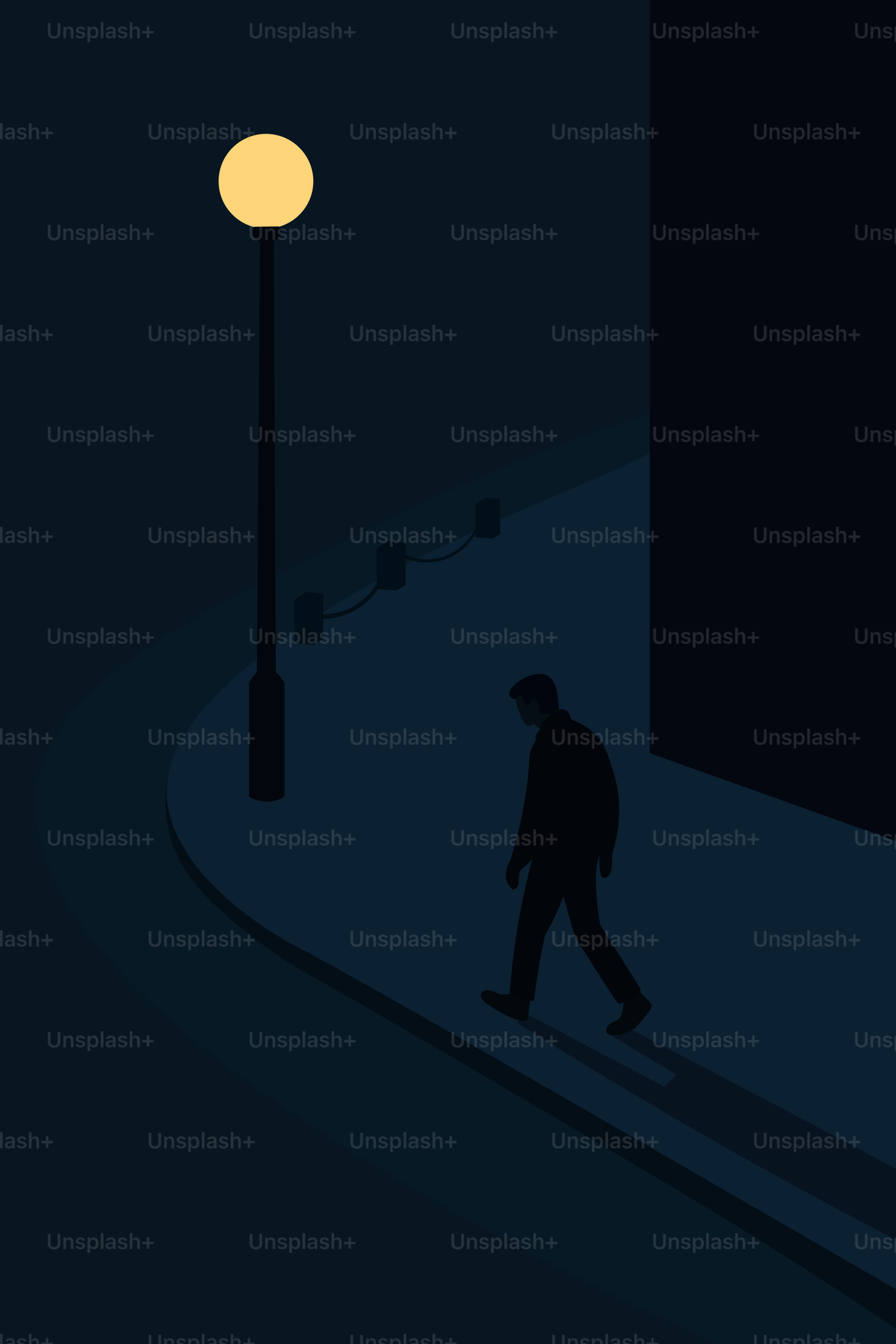 Un homme marche seul sous un lampadaire.