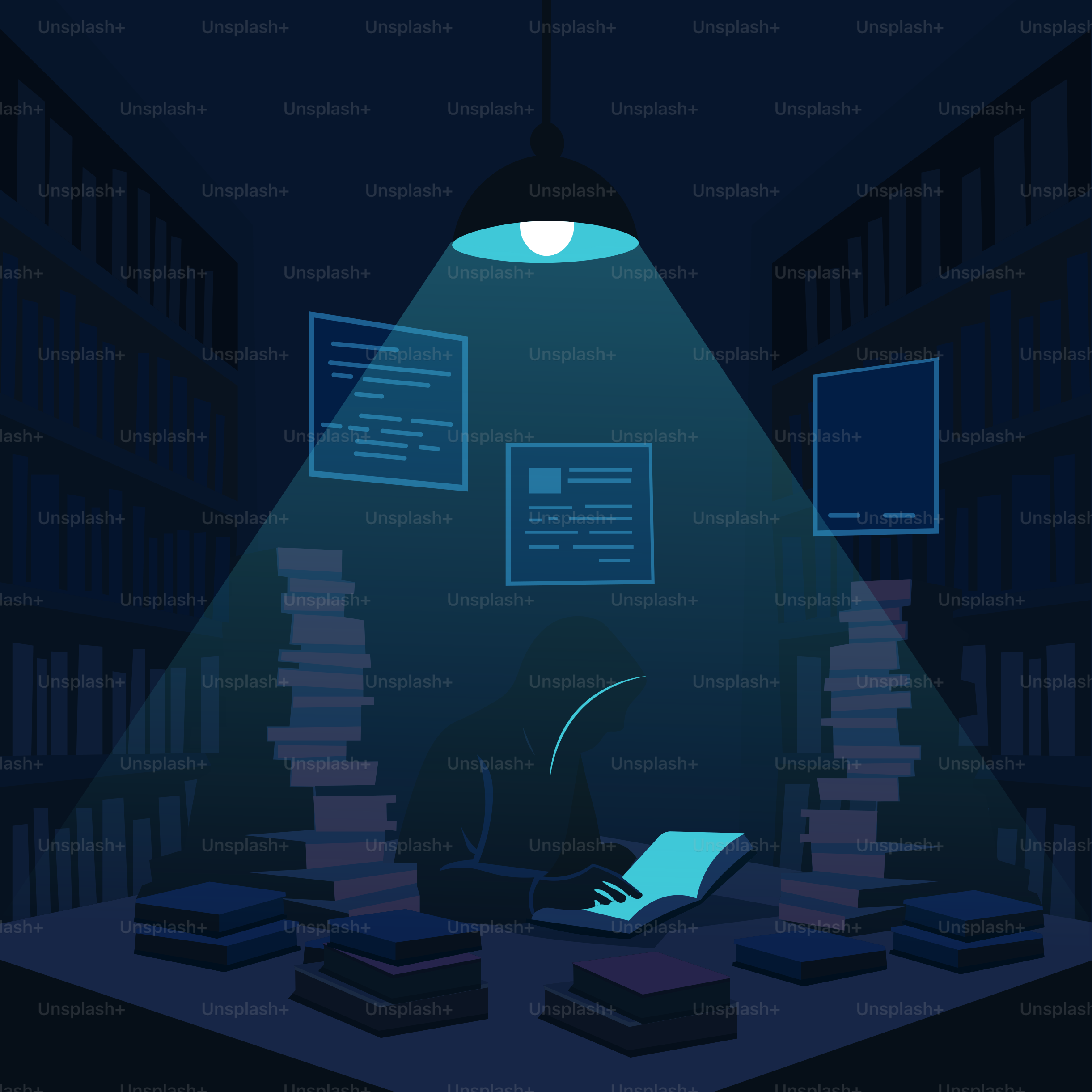 Uma pessoa lê sob uma lâmpada brilhante em uma biblioteca.