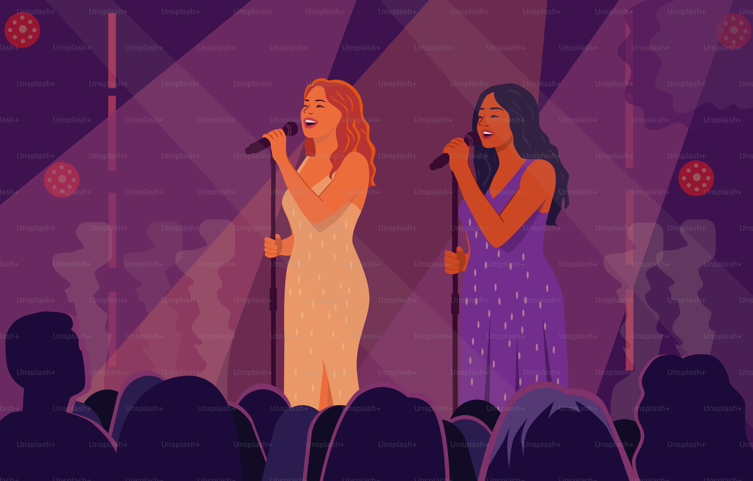 Two women sing into microphones on stage.