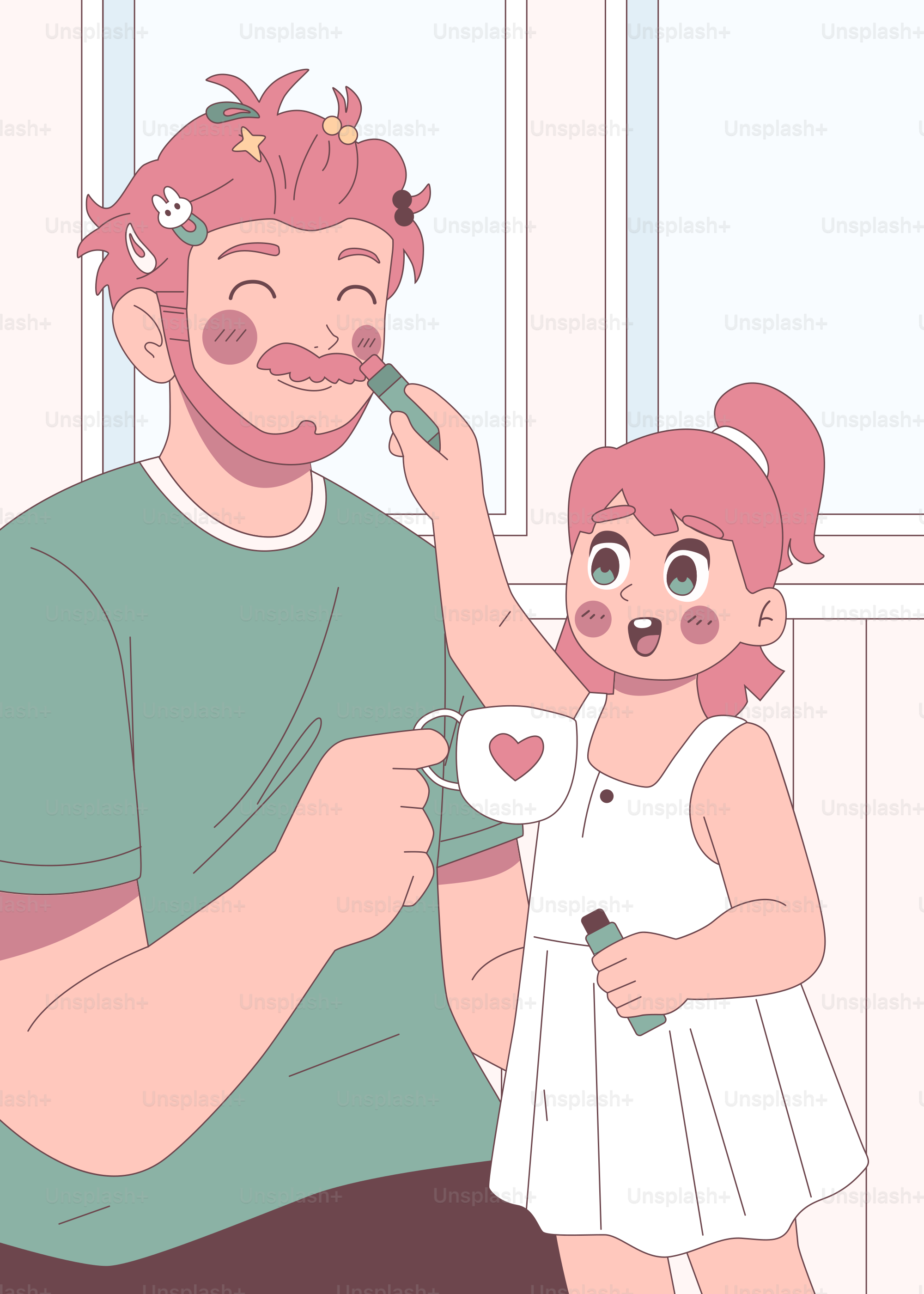 A little girl playfully puts makeup on her father.