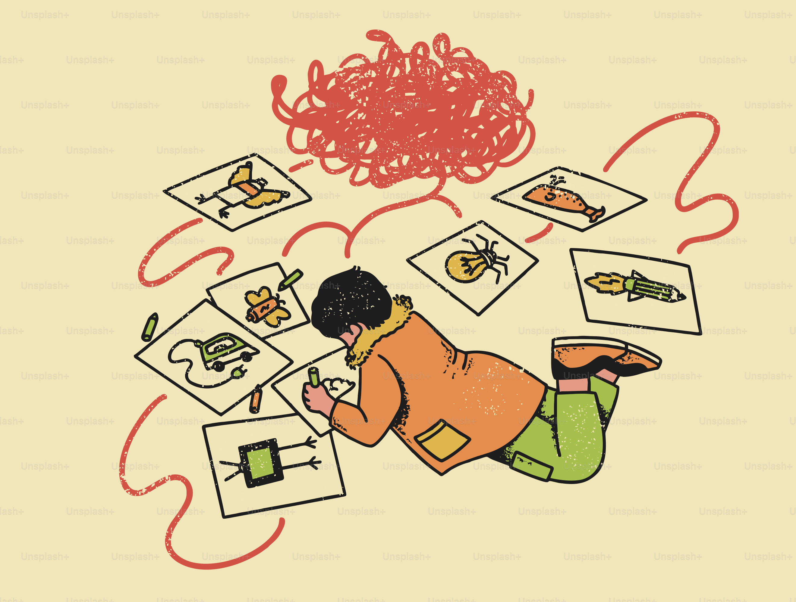 Un enfant esquisse des dessins avec l’esprit embrouillé.