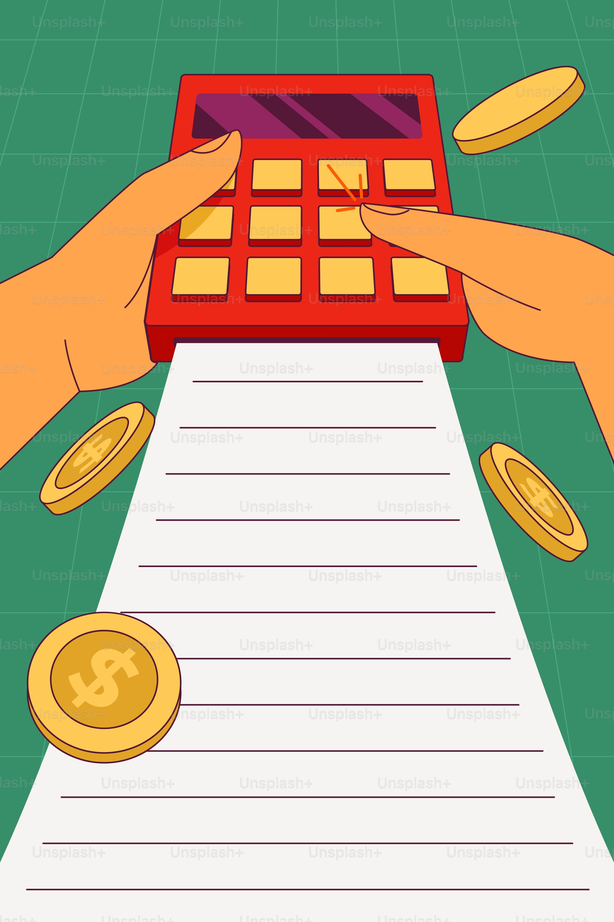 Calculating finances with a calculator and coins.