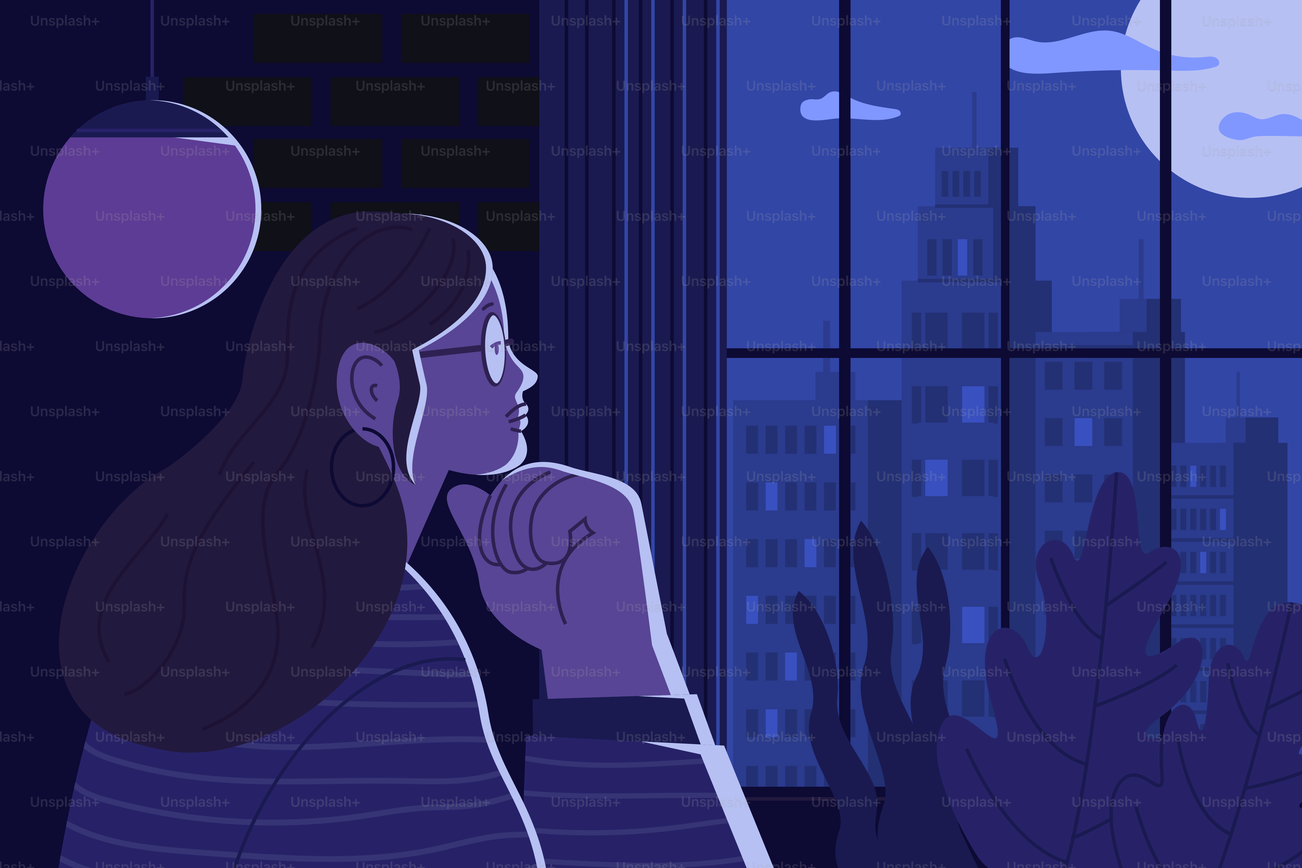 A person gazes out the window at night.