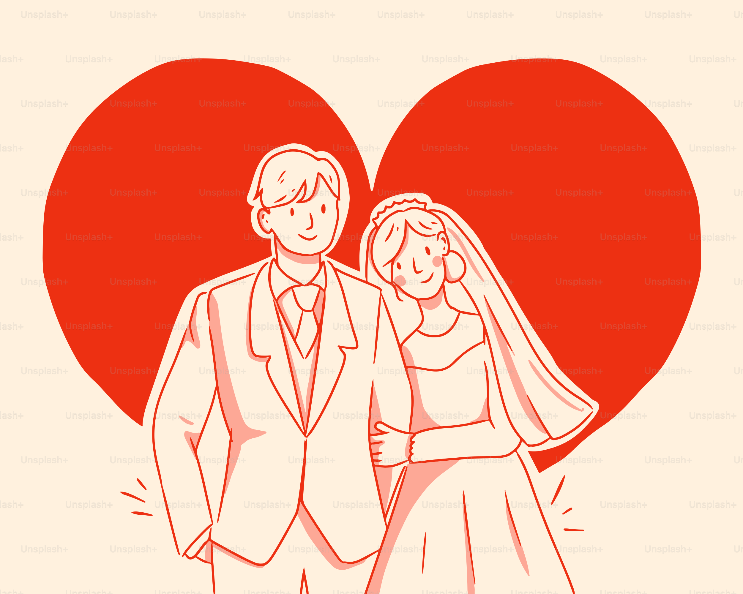 A happy couple stands in front of a heart.