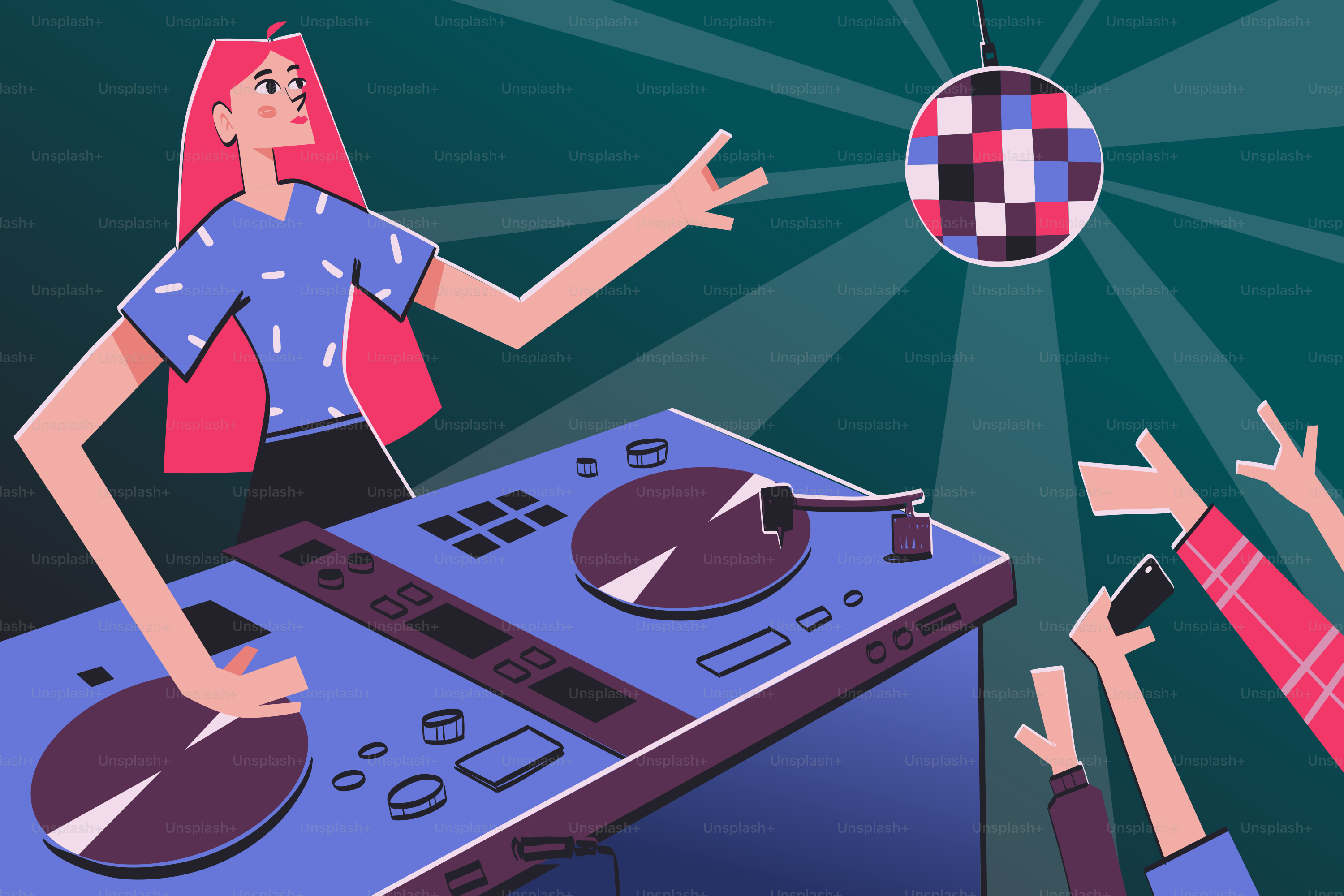 Ein DJ mischt Musik auf einer Party mit einer Discokugel.