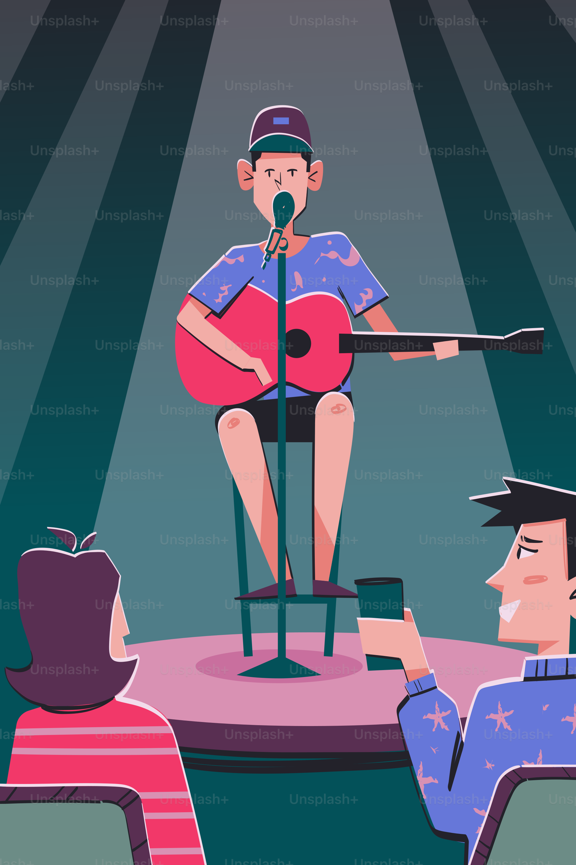 A man is singing and playing guitar onstage.