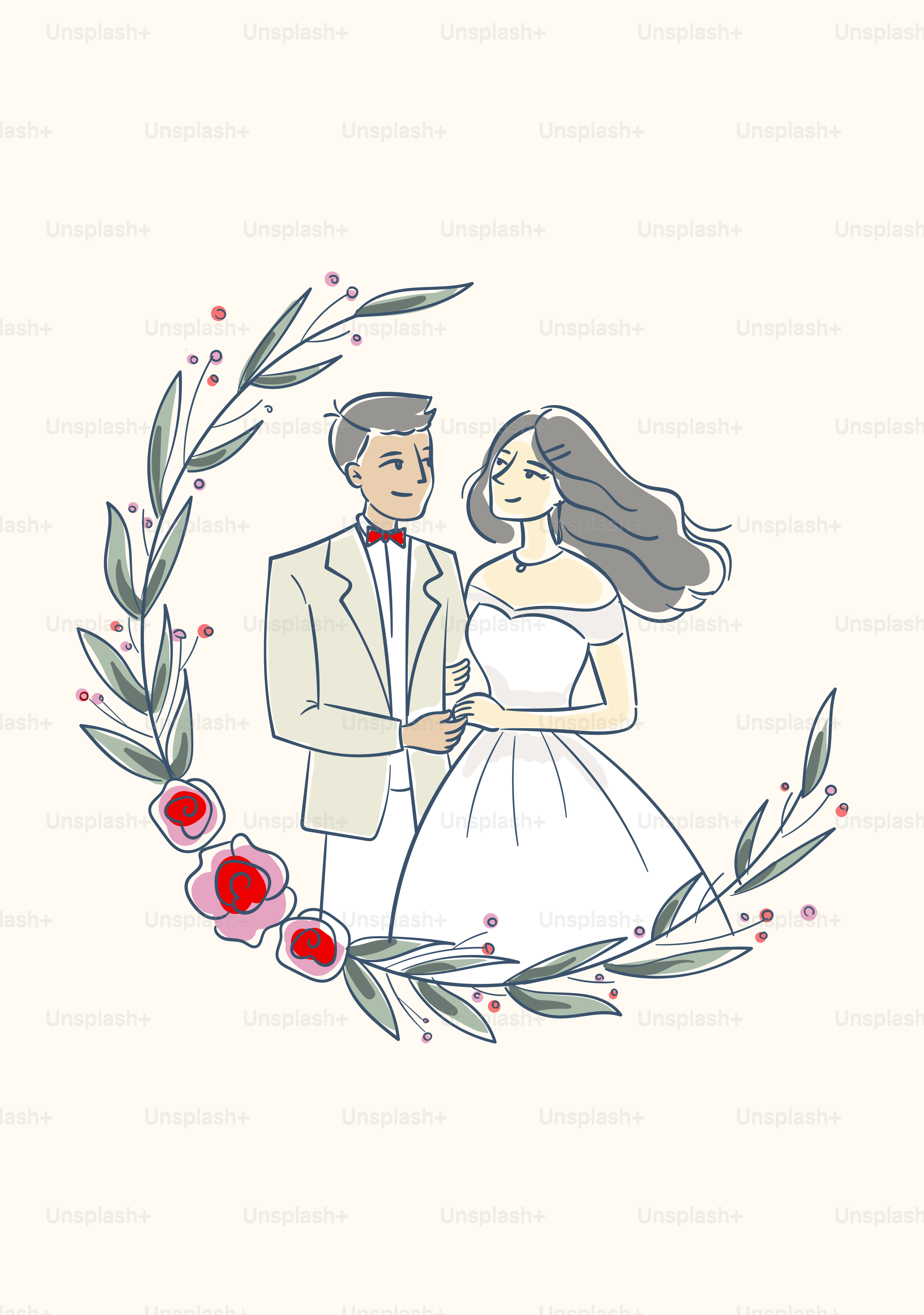 A newlywed couple stands inside a floral wreath.
