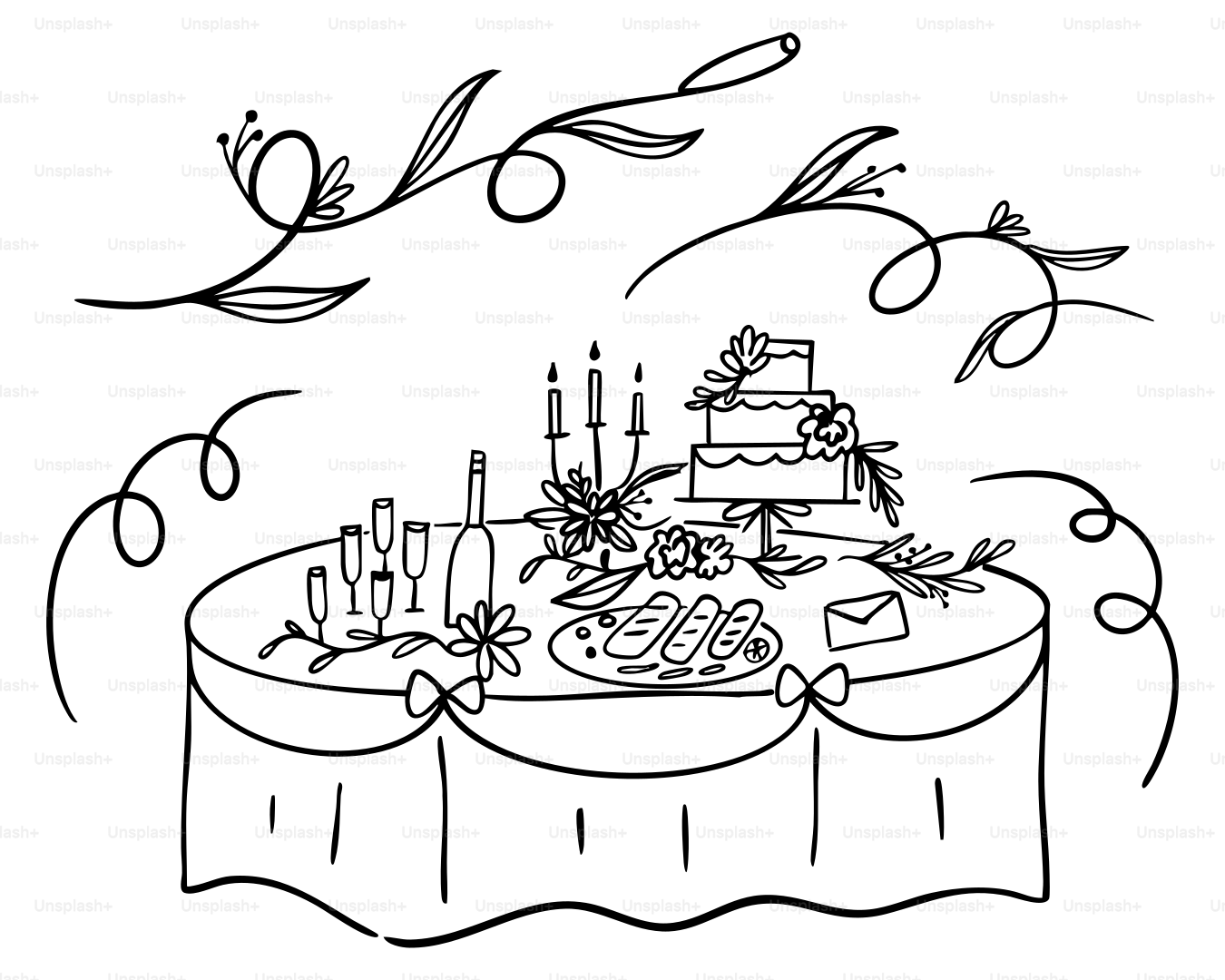 Eine Hochzeitstorte steht auf einem Tisch mit Dekorationen.