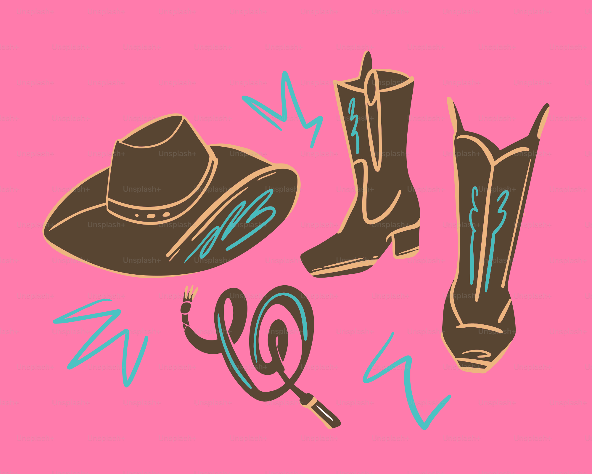 Cowboy accessories are displayed on a pink background.