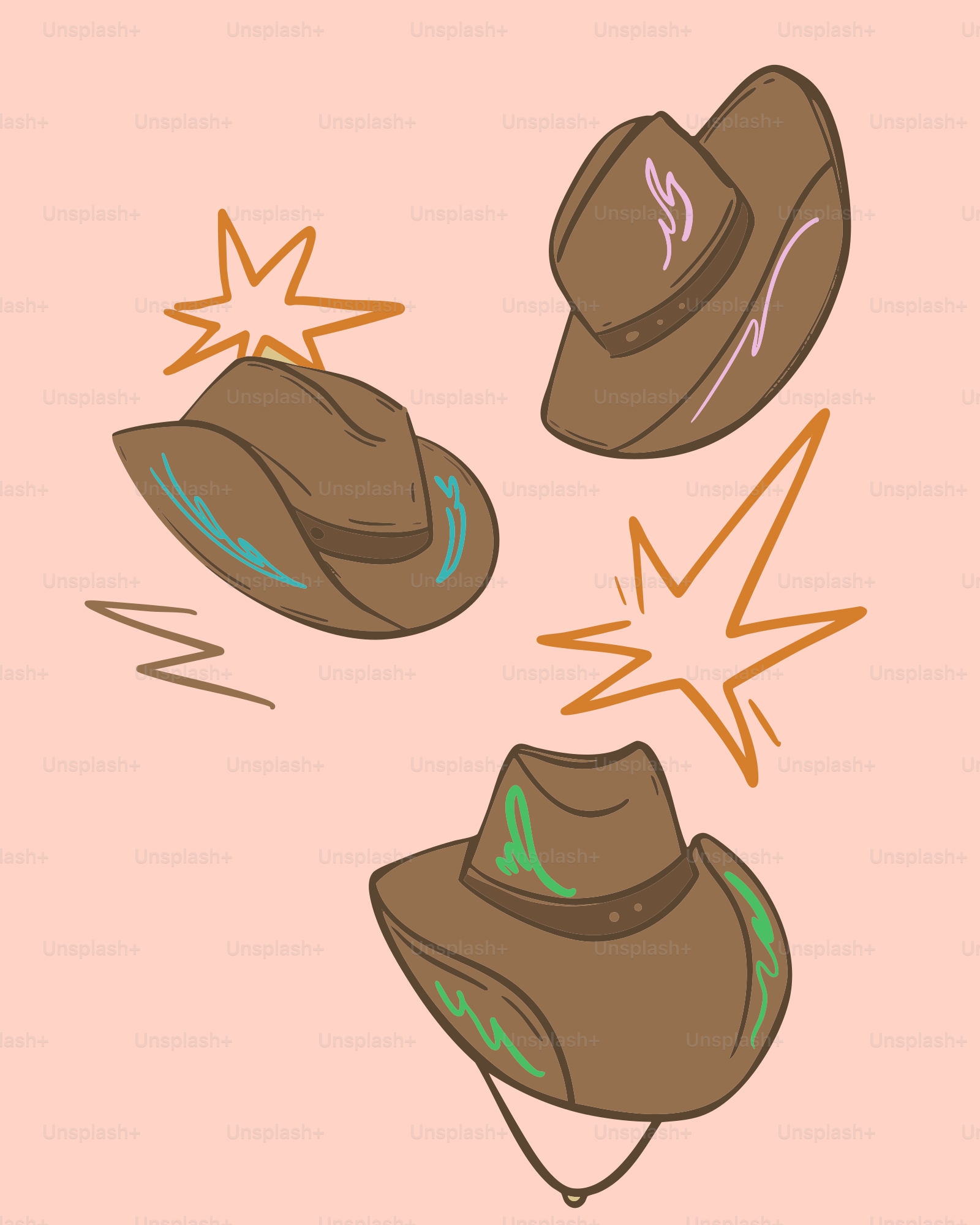 Des chapeaux de cowboy avec des motifs décoratifs et des éclatements stylisés.