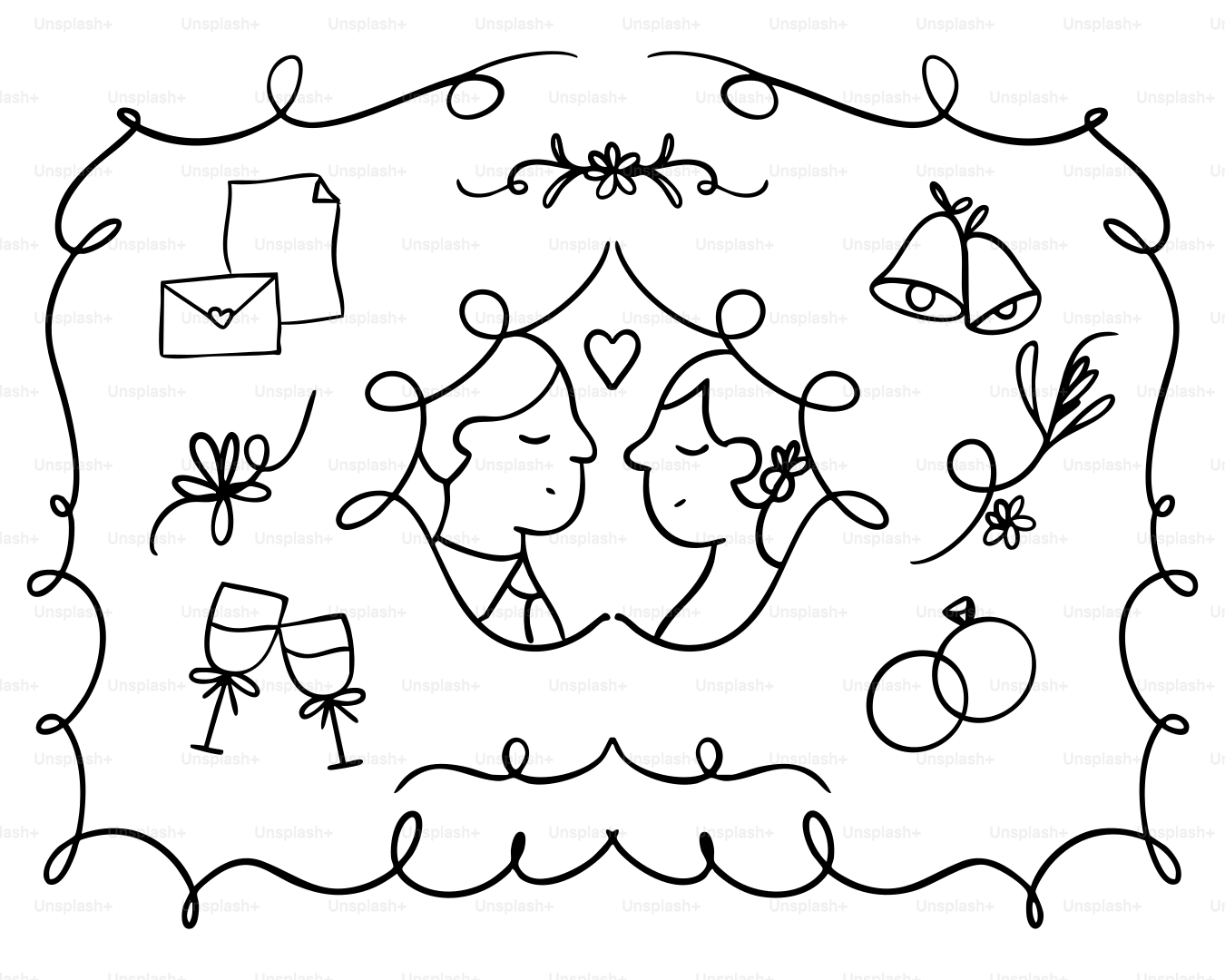 Wedding-themed doodles: couple, rings, bells, invitation, and more.