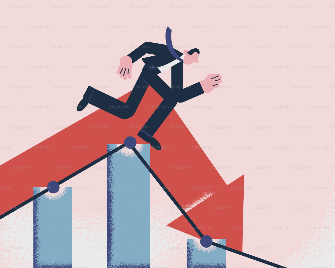 El empresario se ejecuta sobre un gráfico descendente que representa las pérdidas.