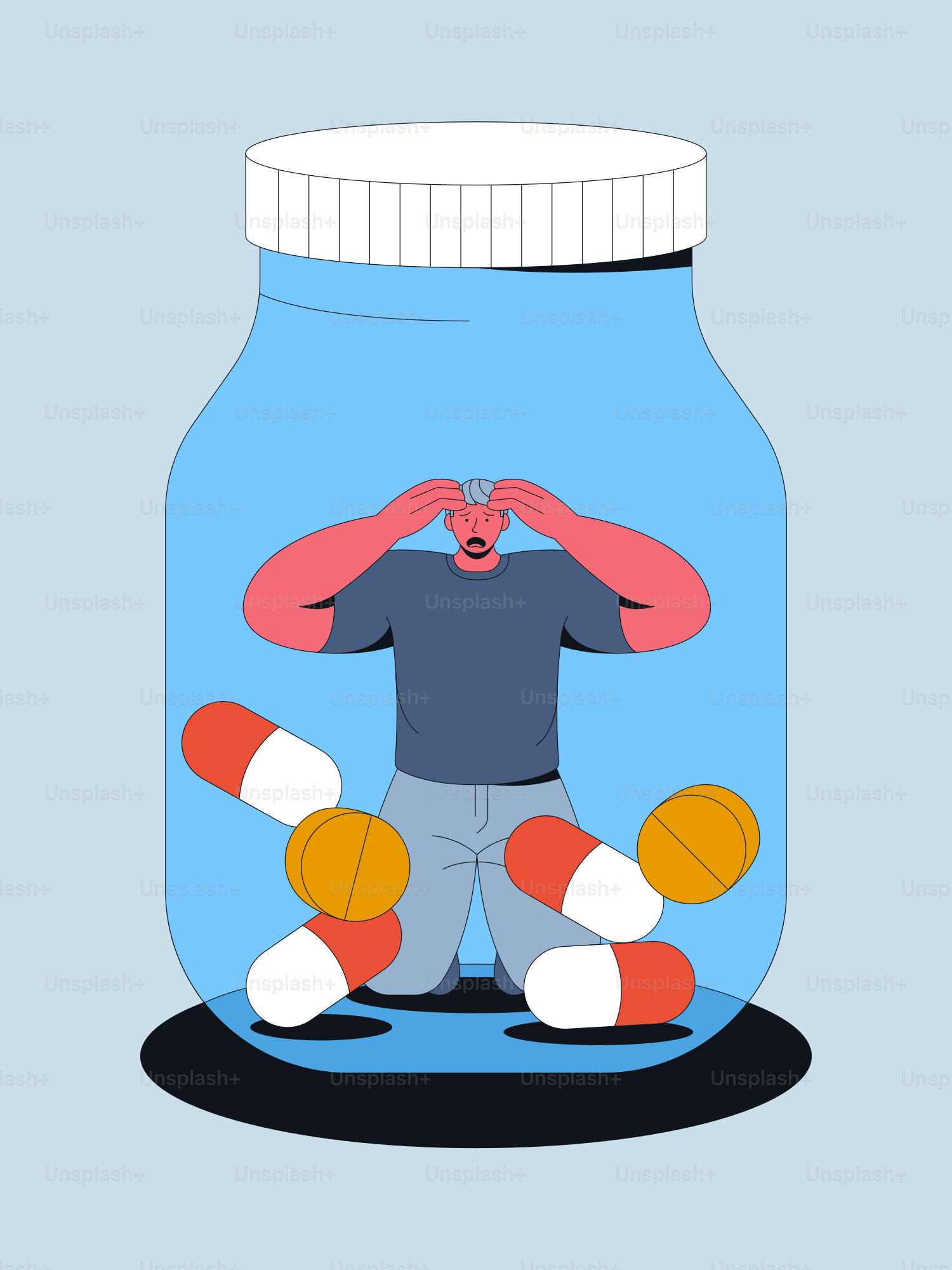 Man is trapped in a jar with pills.