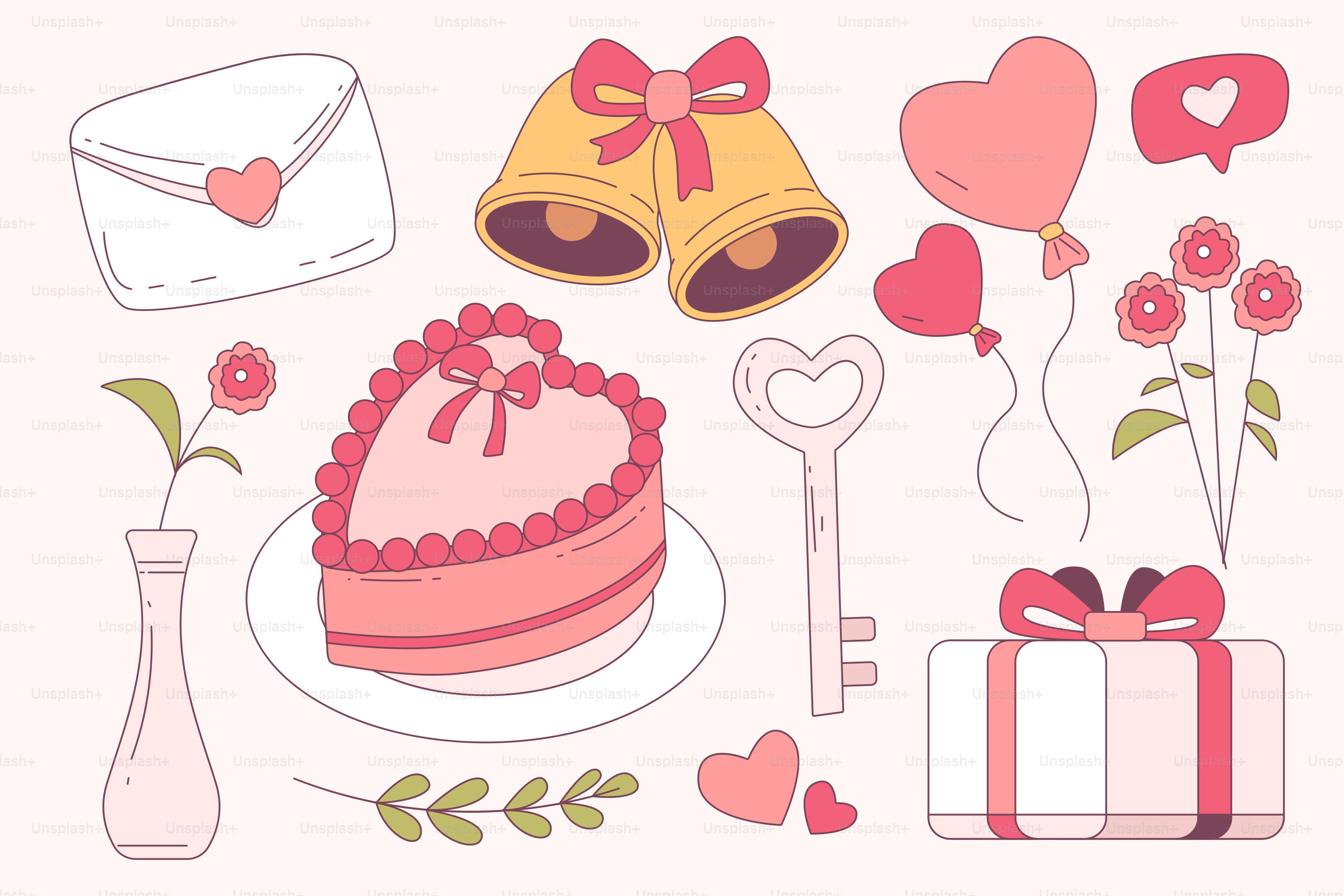 Verschiedene romantische Dekorationen zum Valentinstag werden gezeigt.