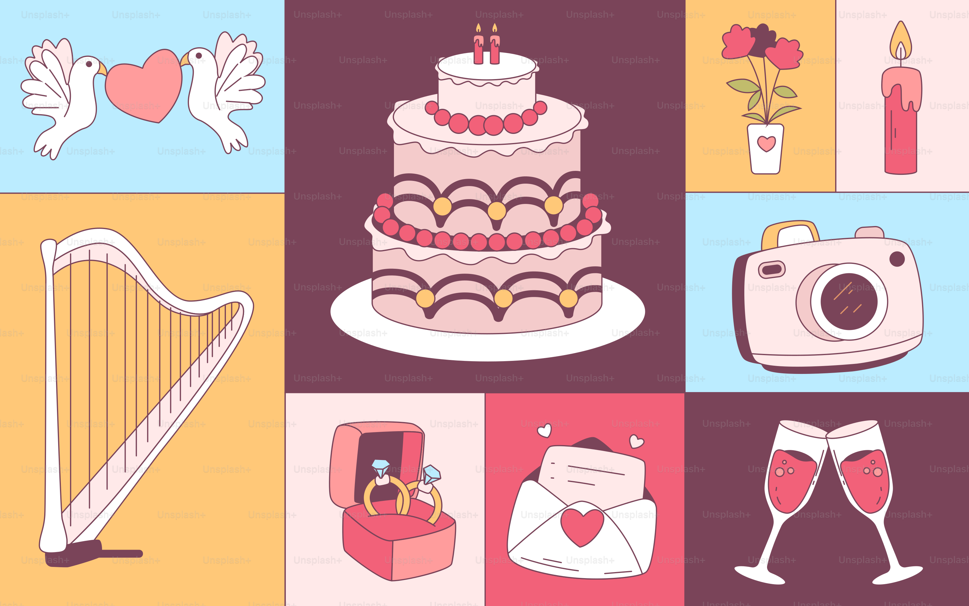 격자 배치 속의 결혼식 관련 상징과 장식. 벡터 – Unsplash의 사랑 이미지, image size:3000x1875