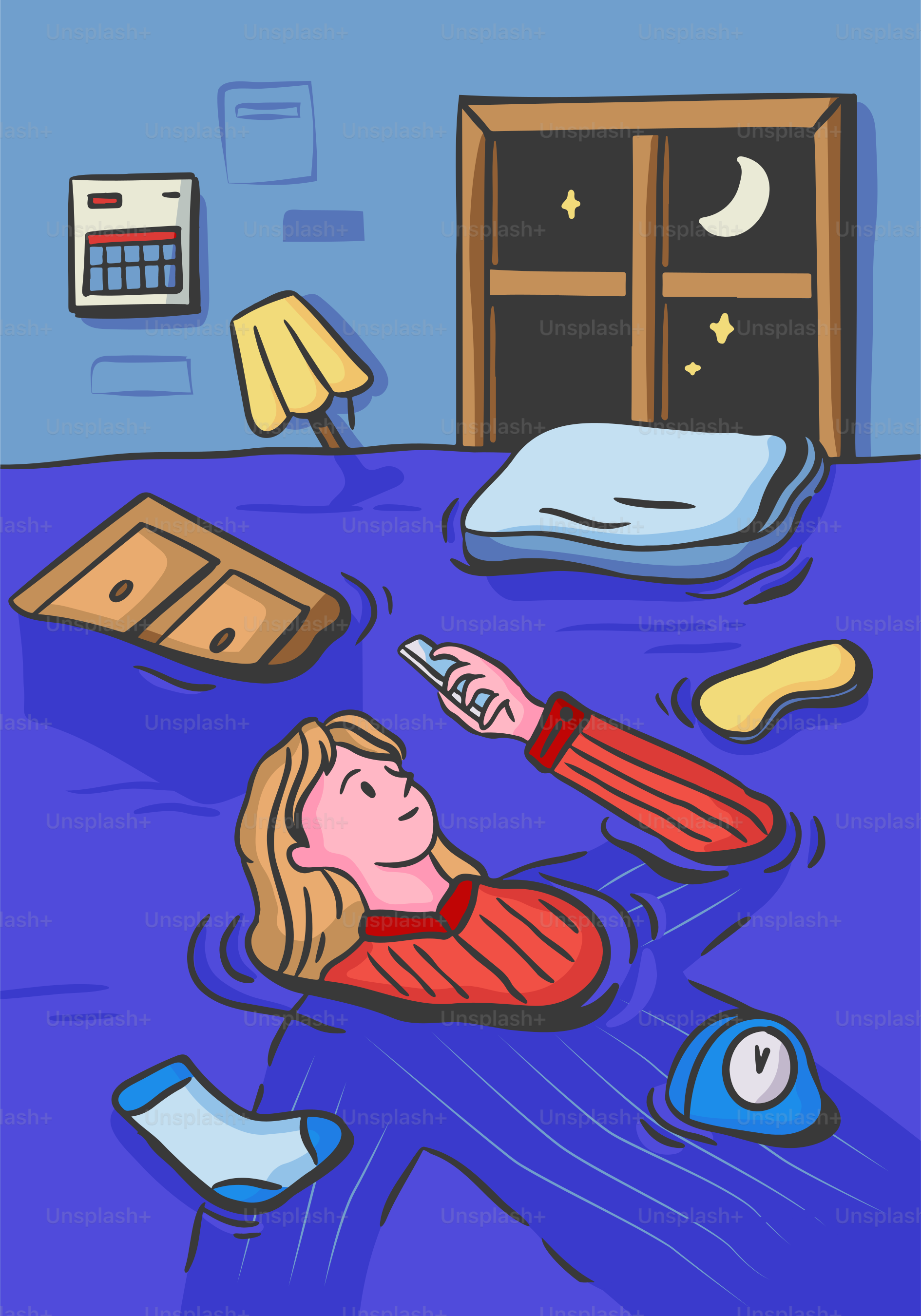 Una mujer se inunda en su habitación por la noche.