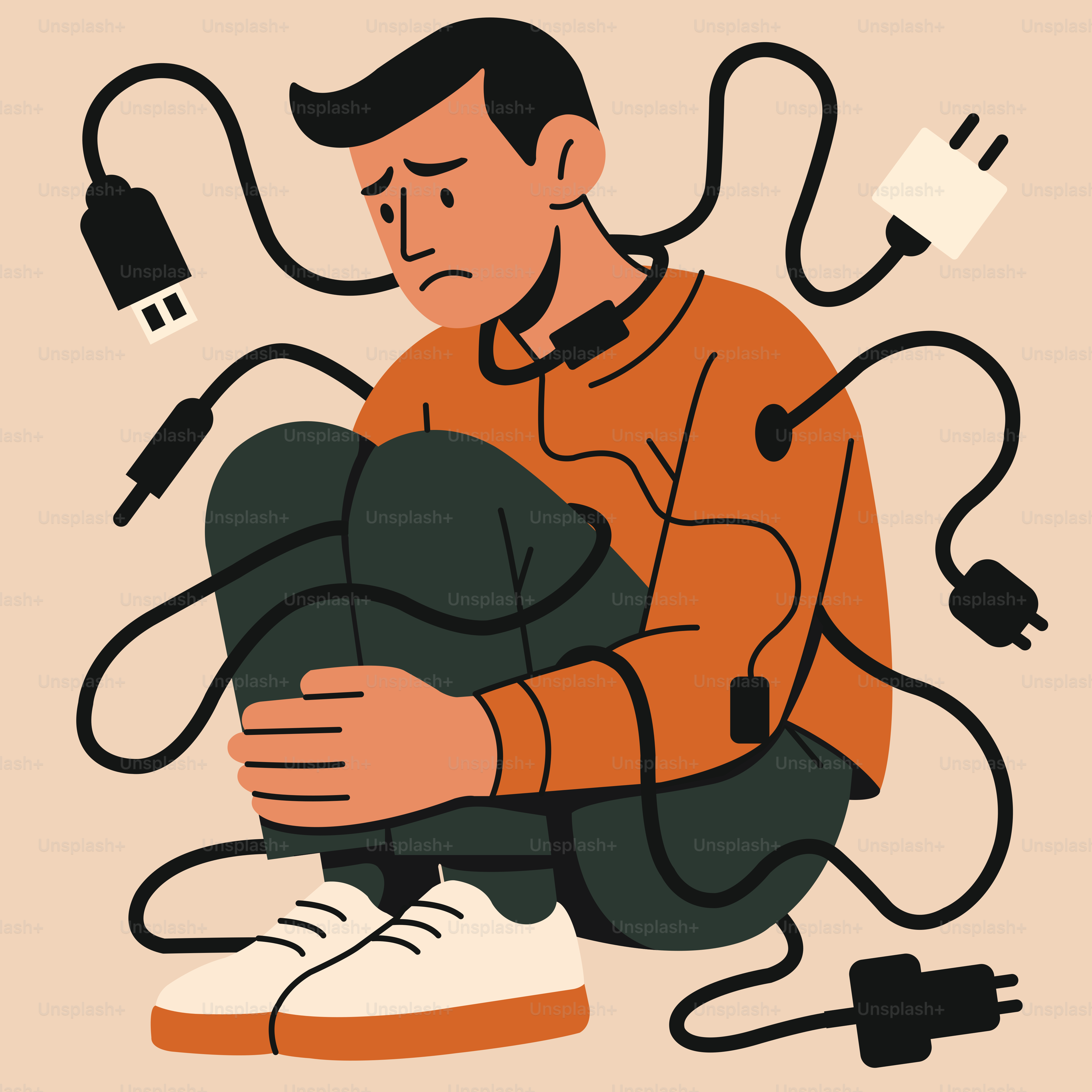 A man is overwhelmed by technology and connected cables.