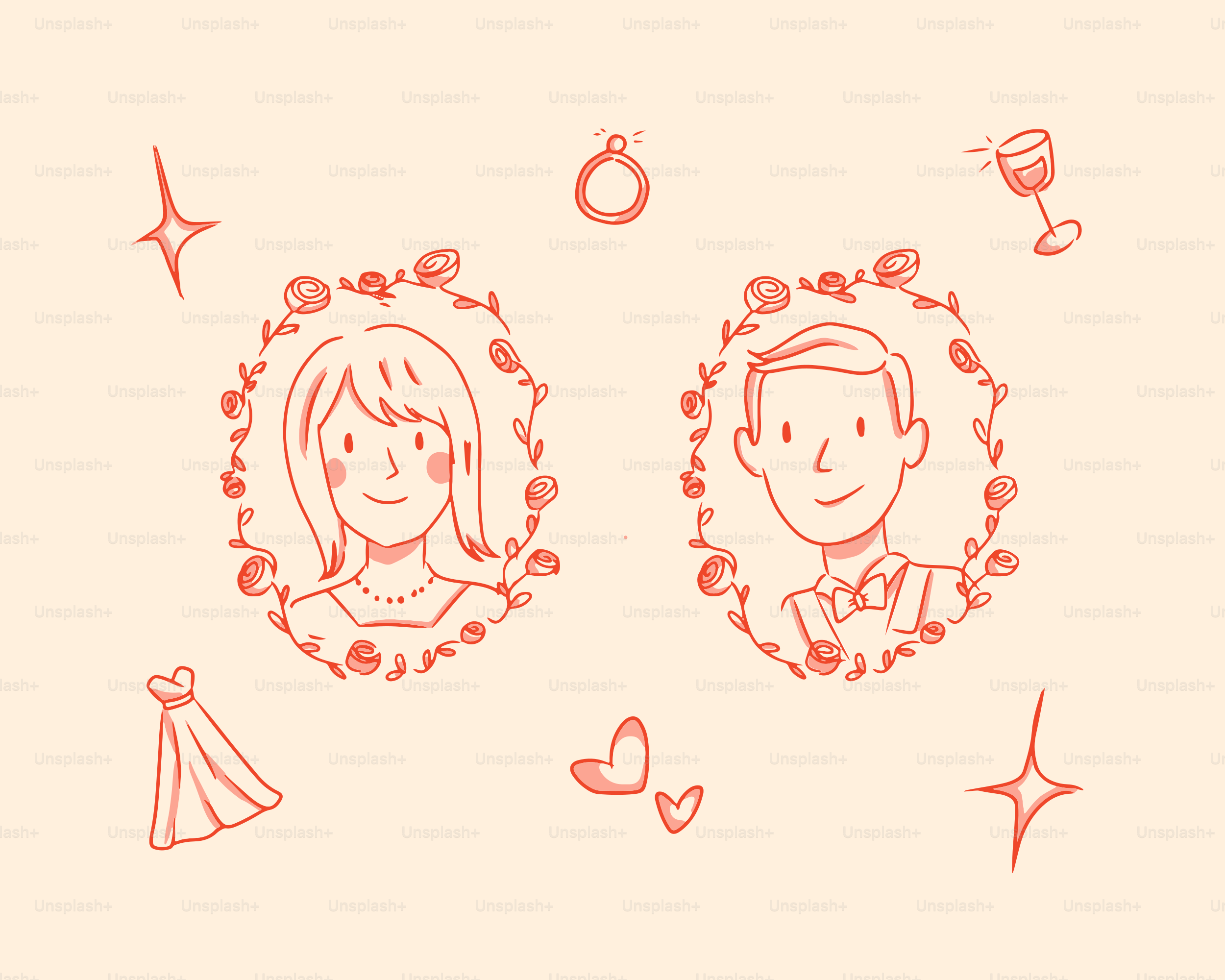 A bride and groom are celebrated with wedding symbols.