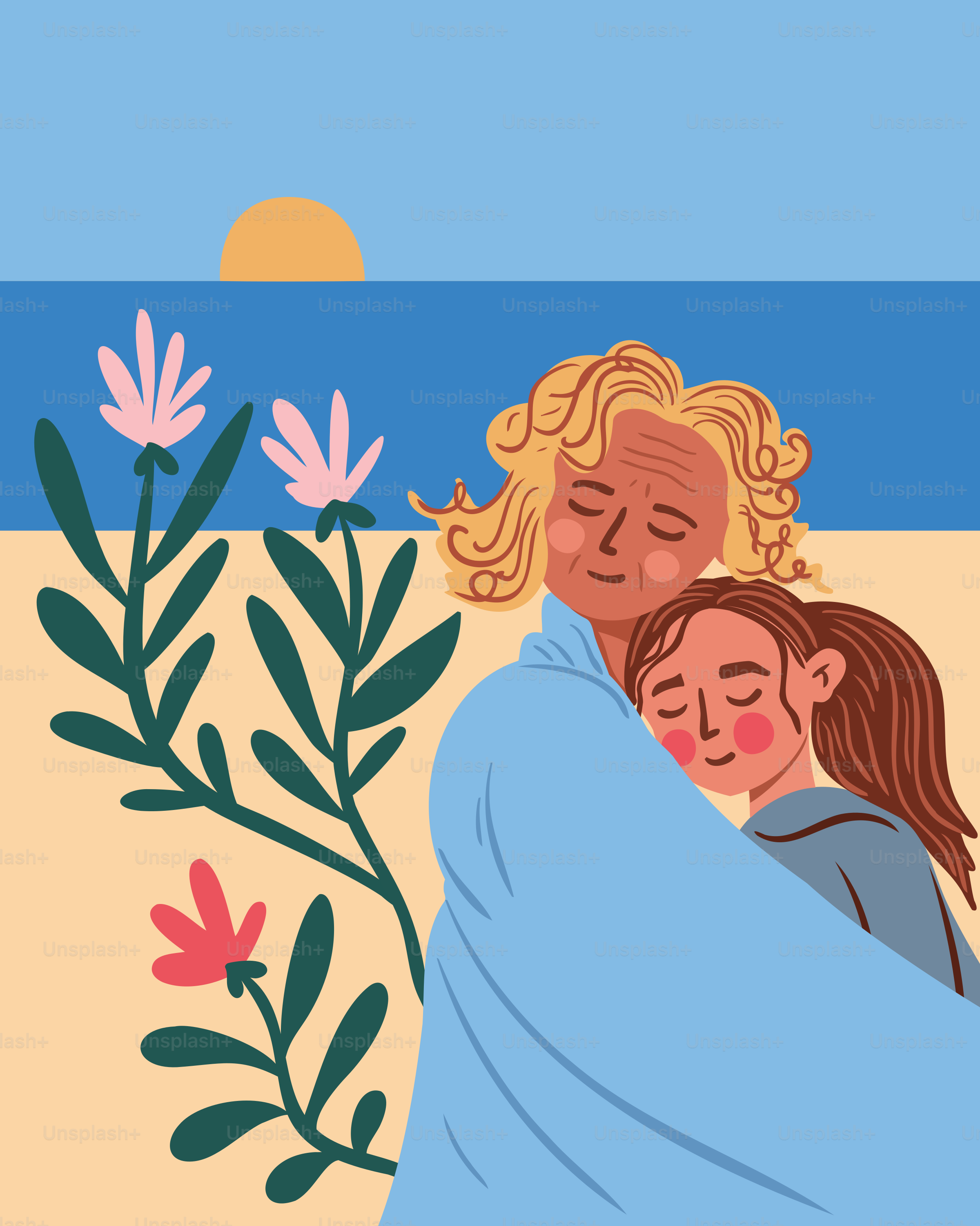 A grandma and granddaughter share a cozy embrace.