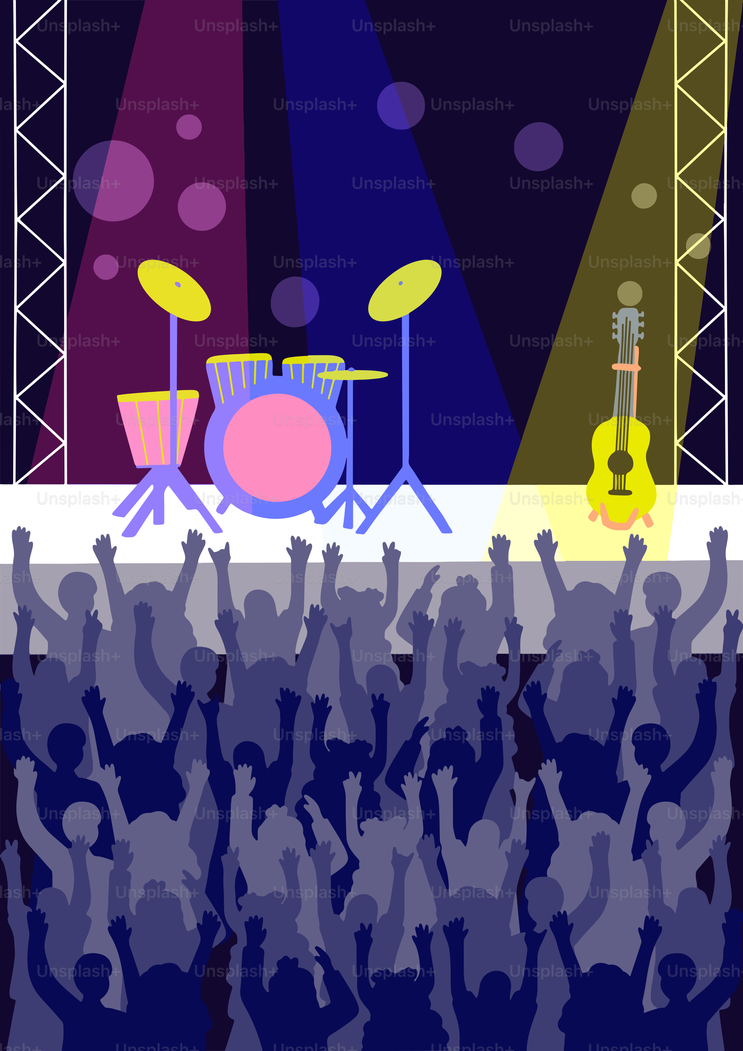 Eine Band tritt auf der Bühne vor einer jubelnden Menge auf.