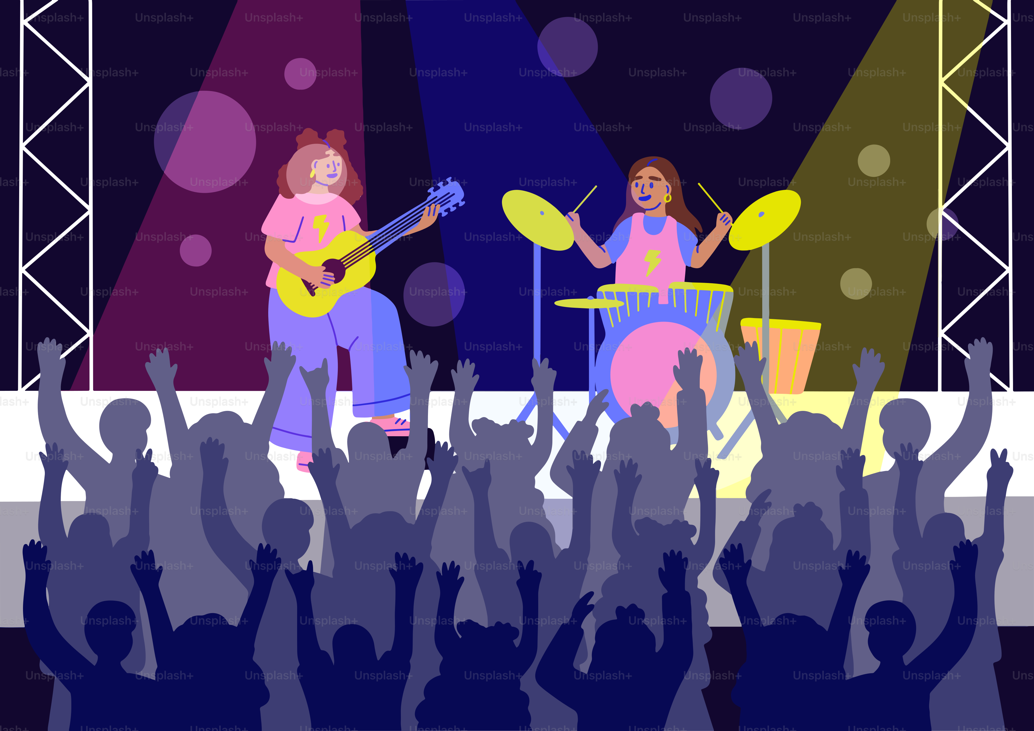 A band performs onstage with a crowd of fans.