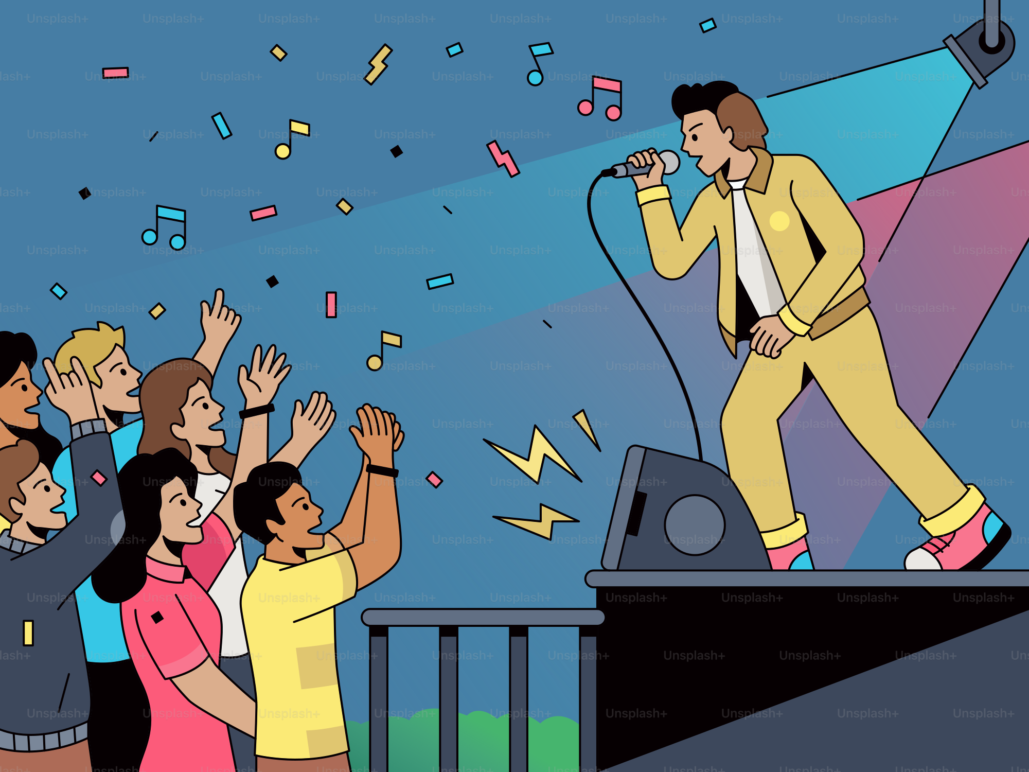 Un cantante se presenta en el escenario para una multitud que lo adora.