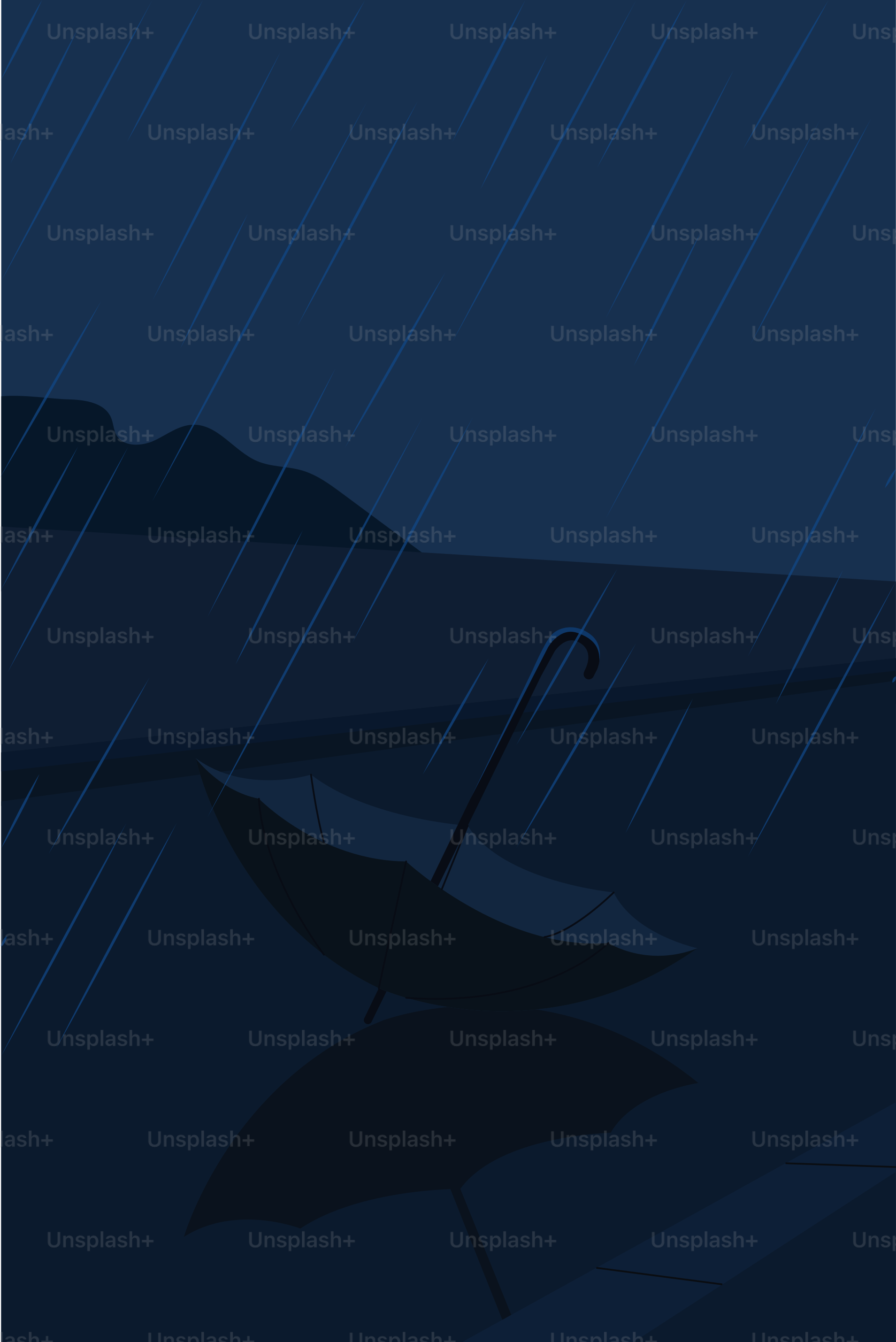 Rain falls on an upturned umbrella.