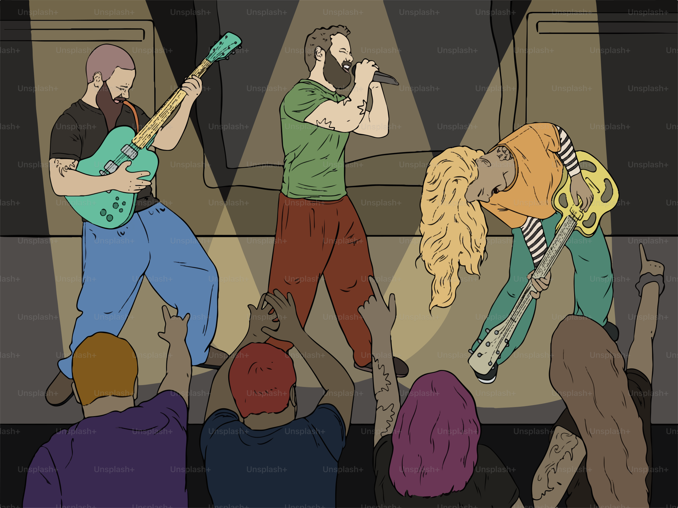 A rock band performs on stage for a cheering crowd.