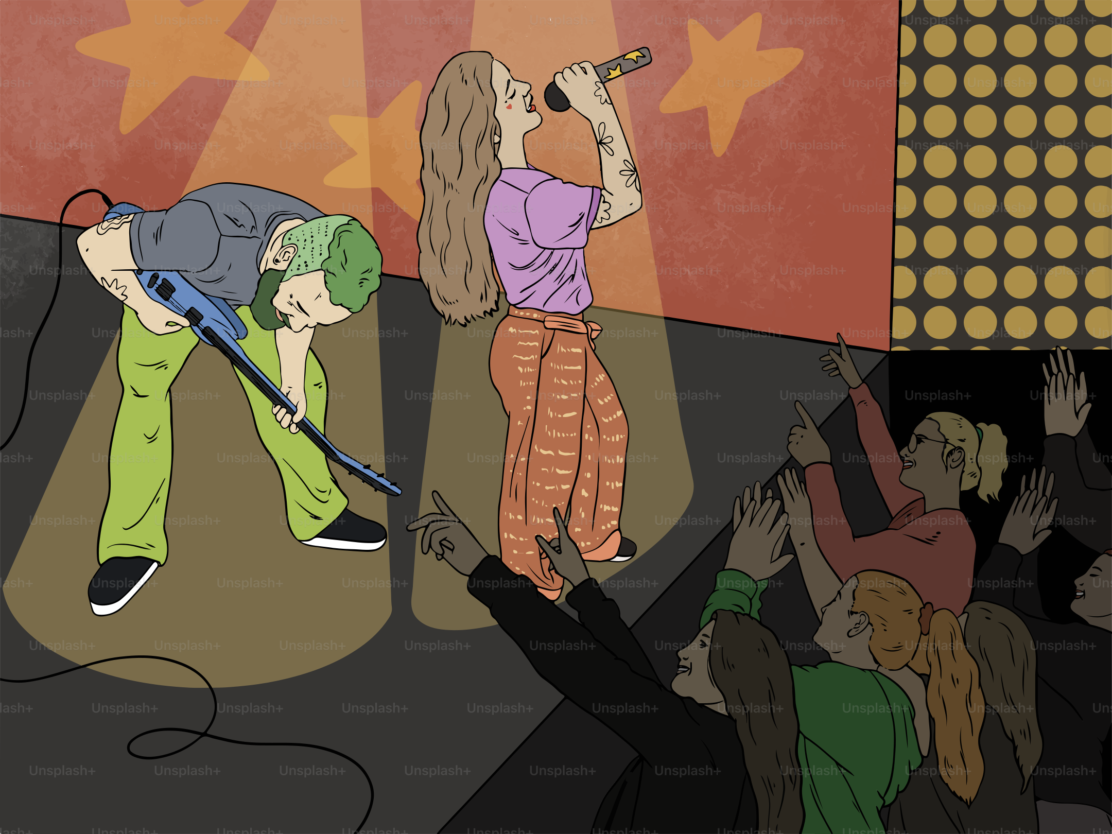 A band performs on stage to an excited crowd.