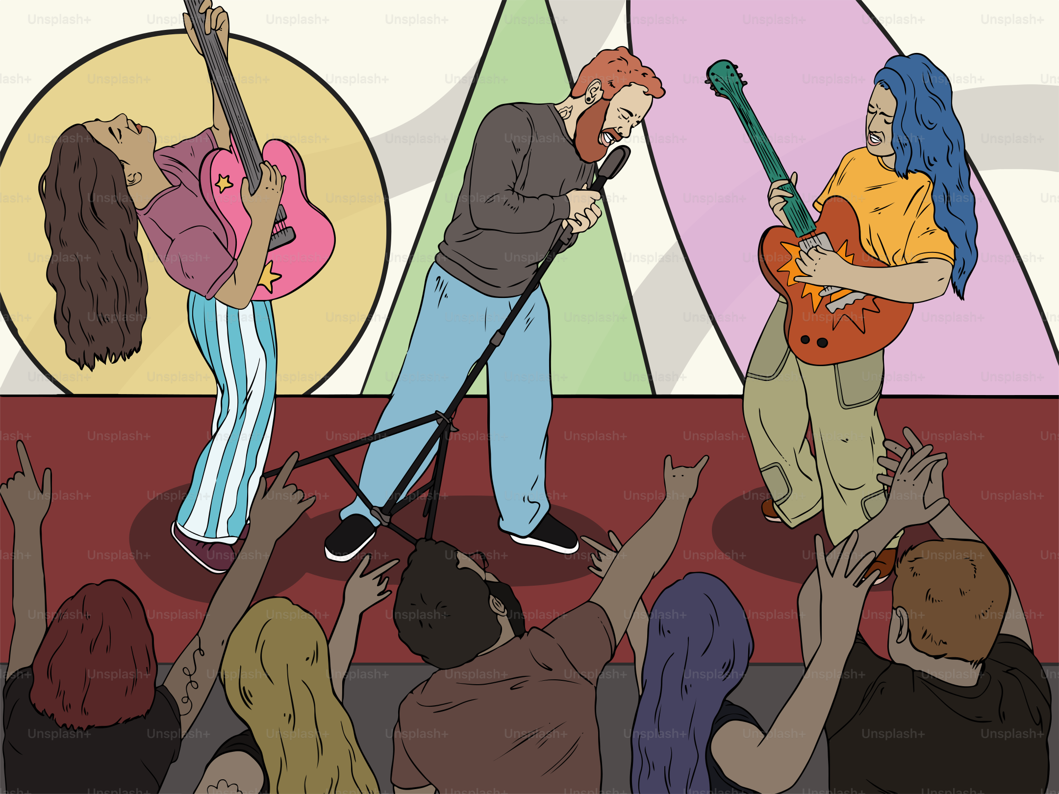 A rock band performs on stage before a crowd.