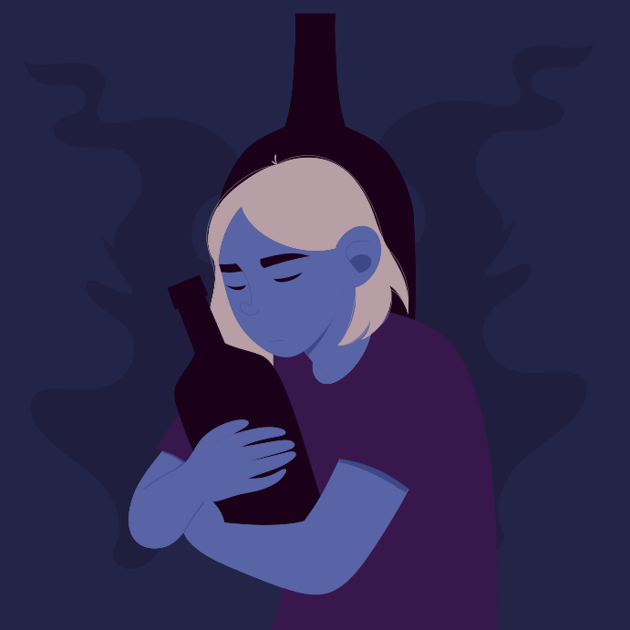 A person comforts themselves with a bottle.