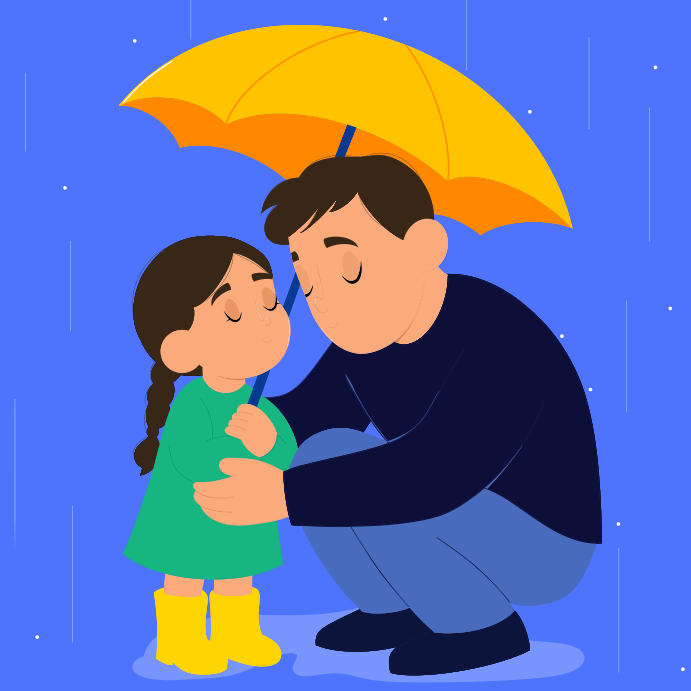 A father protects his daughter from the rain.