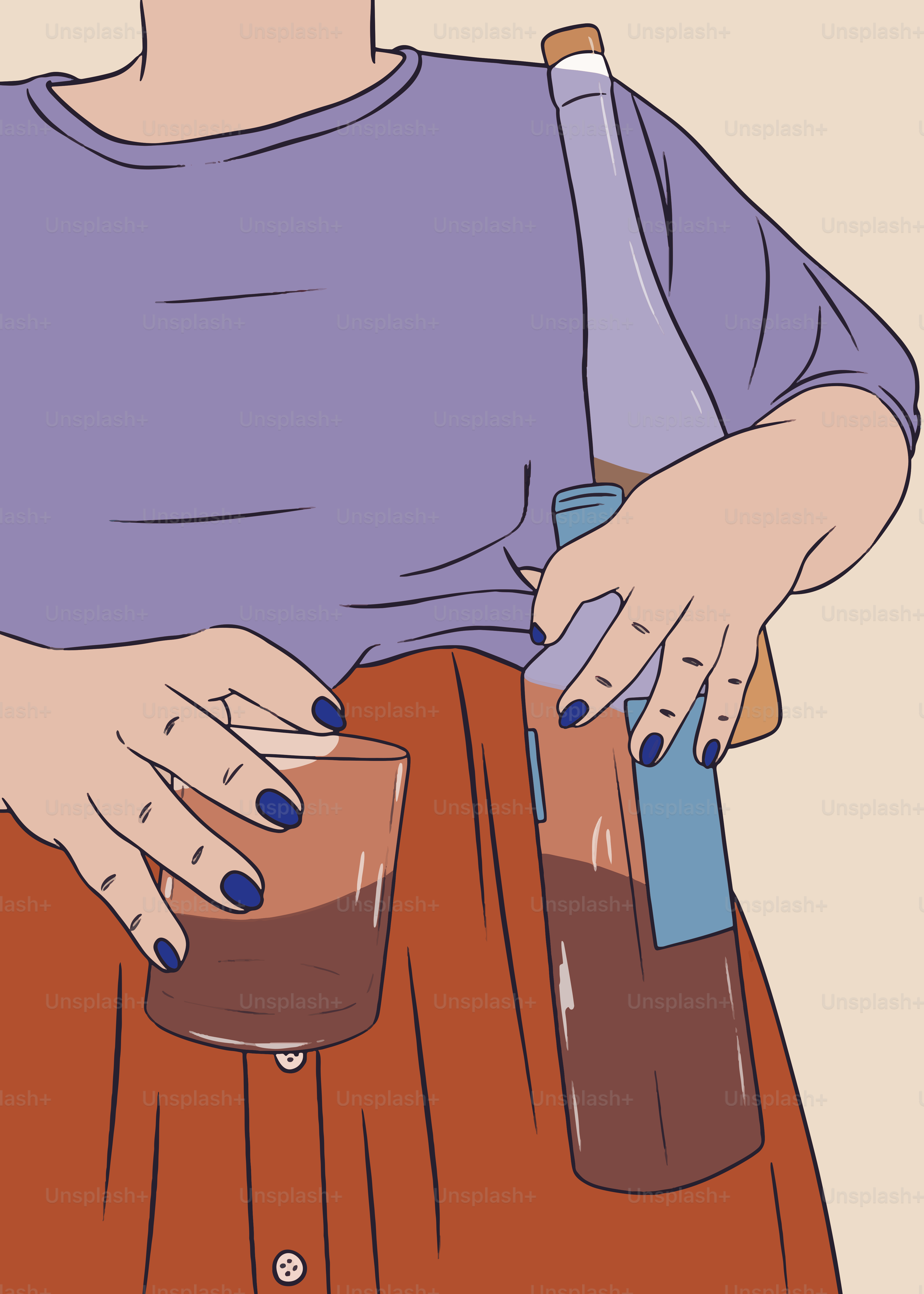 Person holding a bottle and glass with liquid.