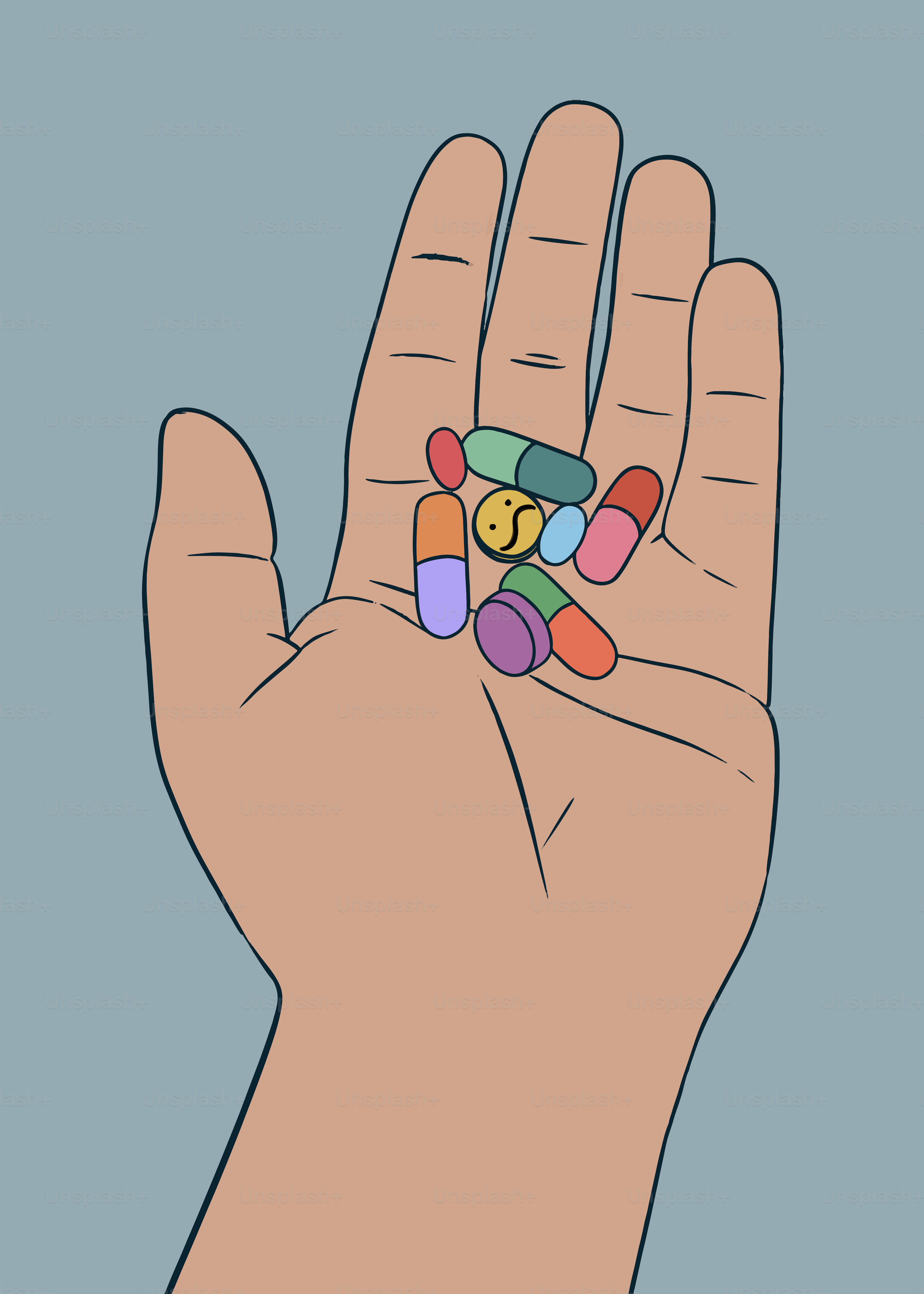 A hand holds a handful of colorful pills.