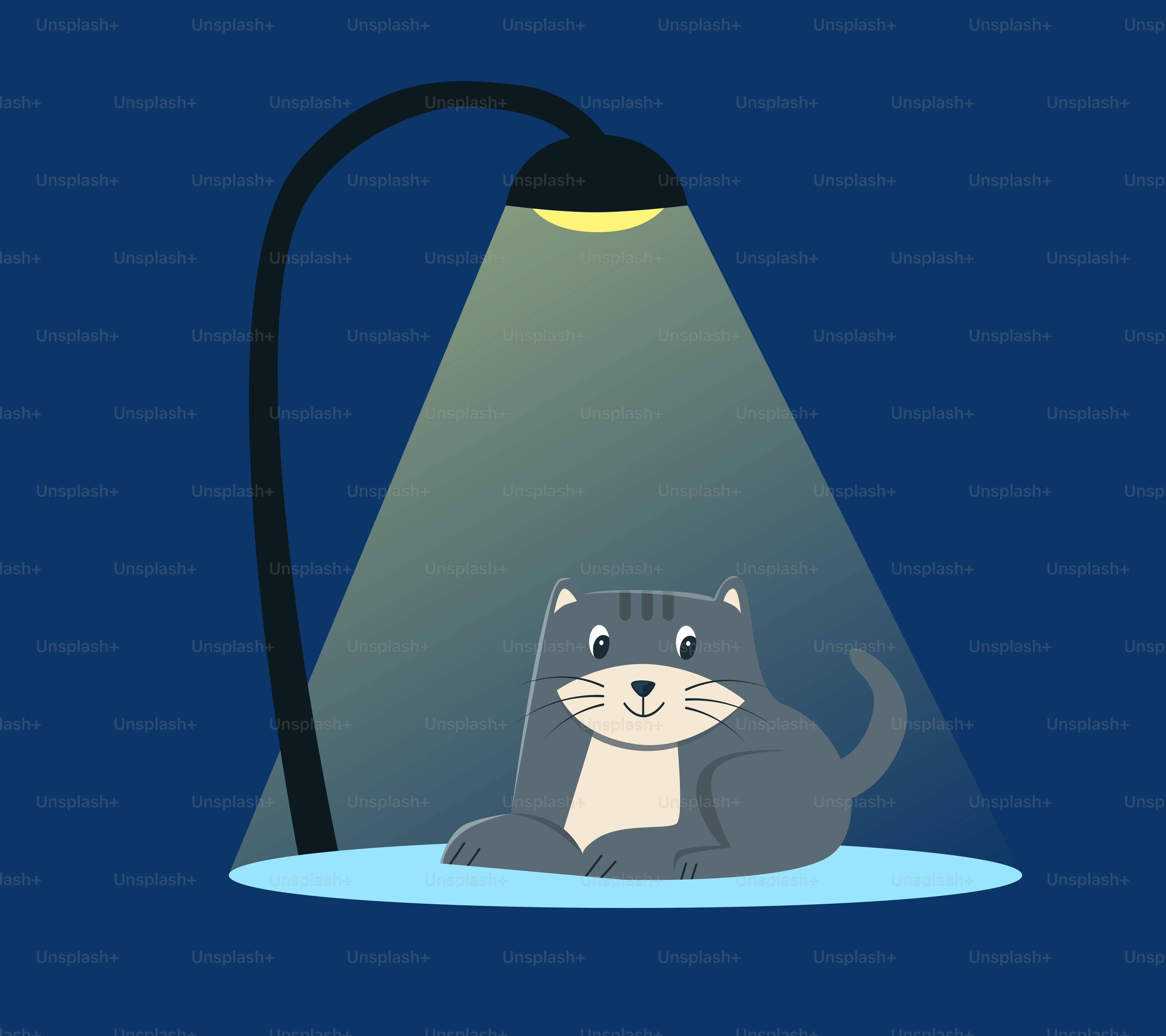 A cat is sitting under a street lamp.