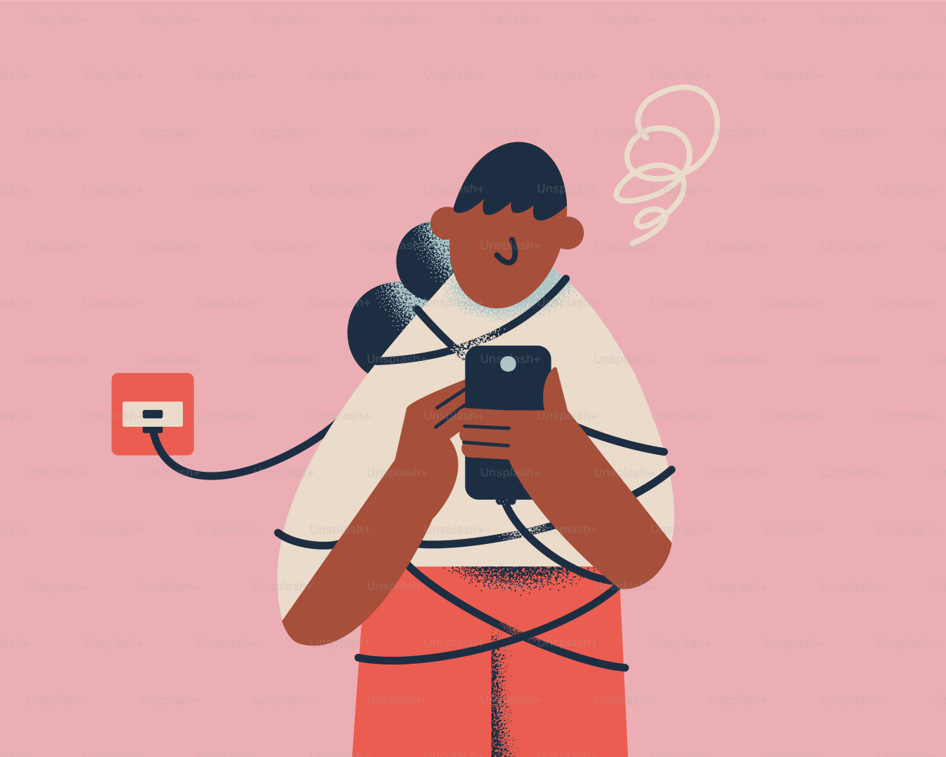 A person is tangled up in phone charging cables.