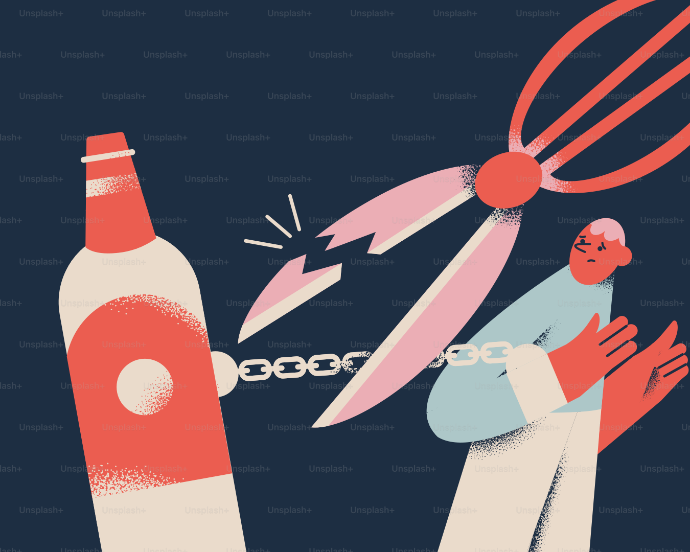 Scissors cut chains, symbolizing freedom from alcohol.