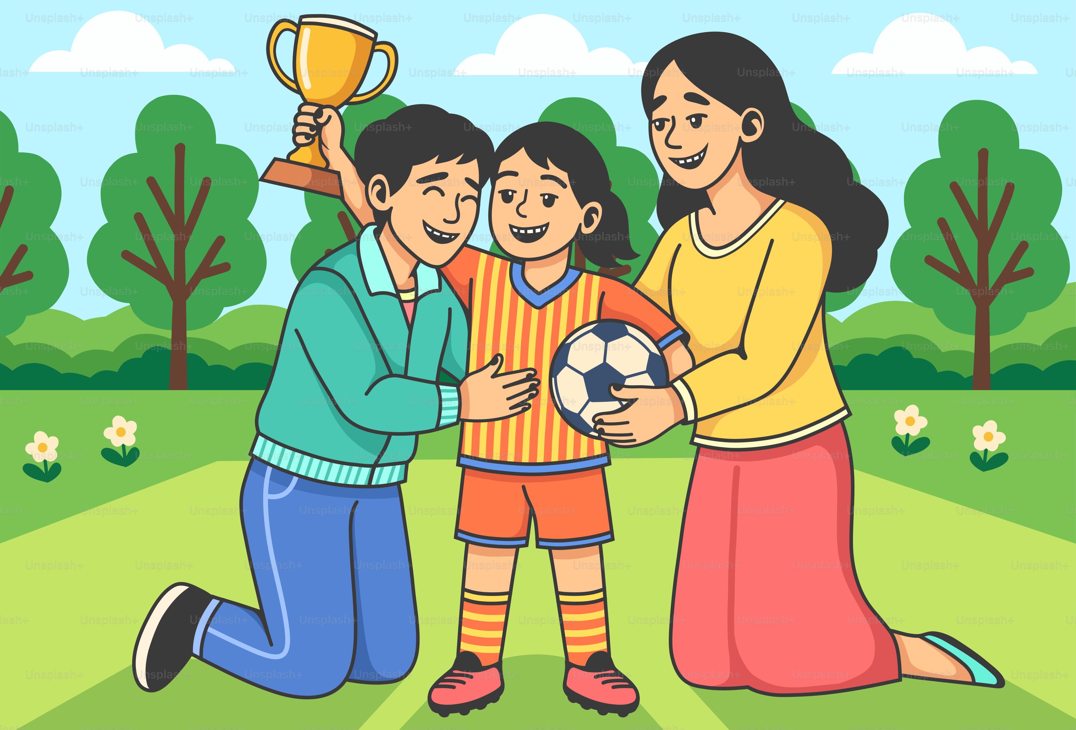 Family celebrates a soccer win with a trophy.
