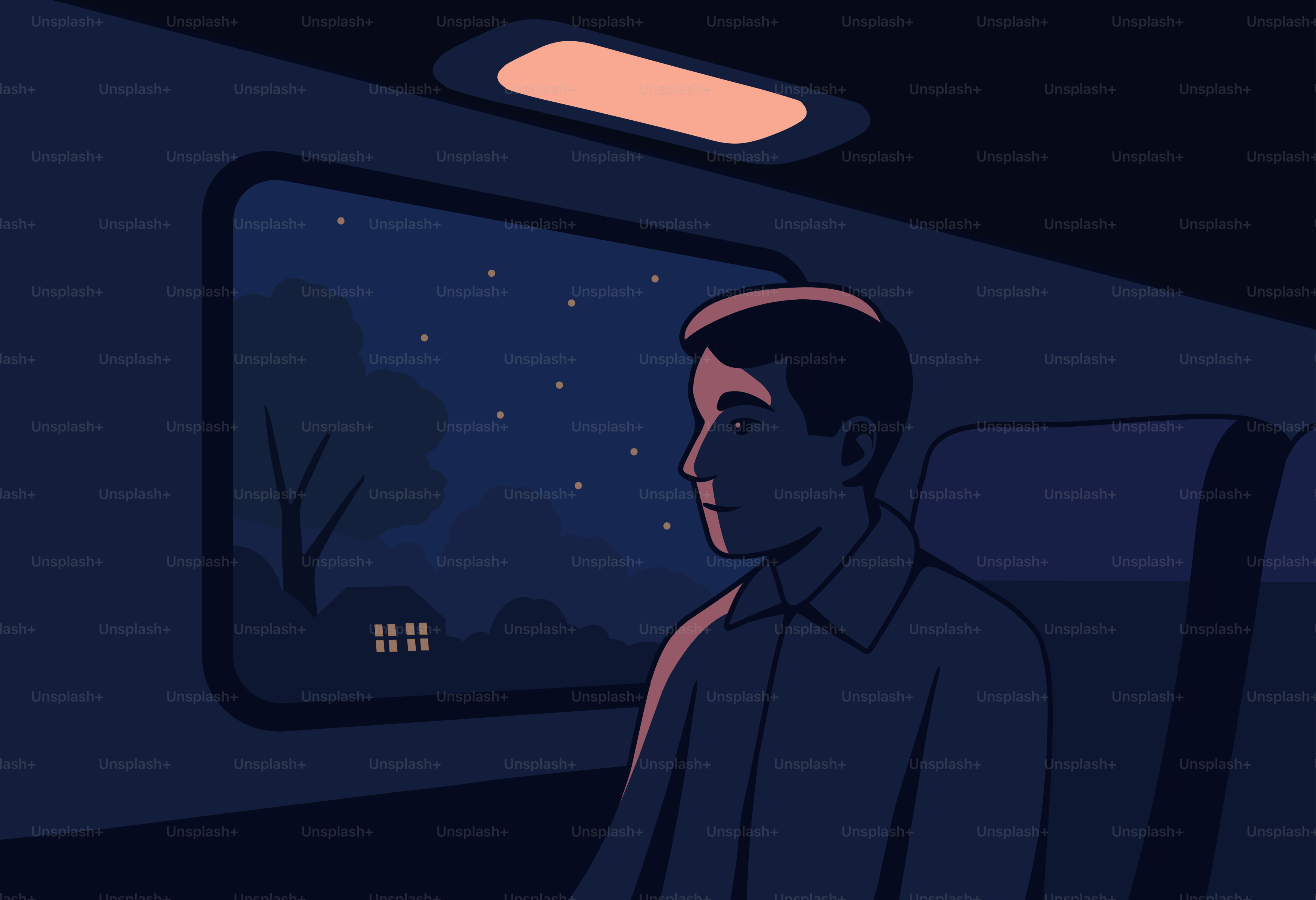 男が列車の窓から外を見つめている。