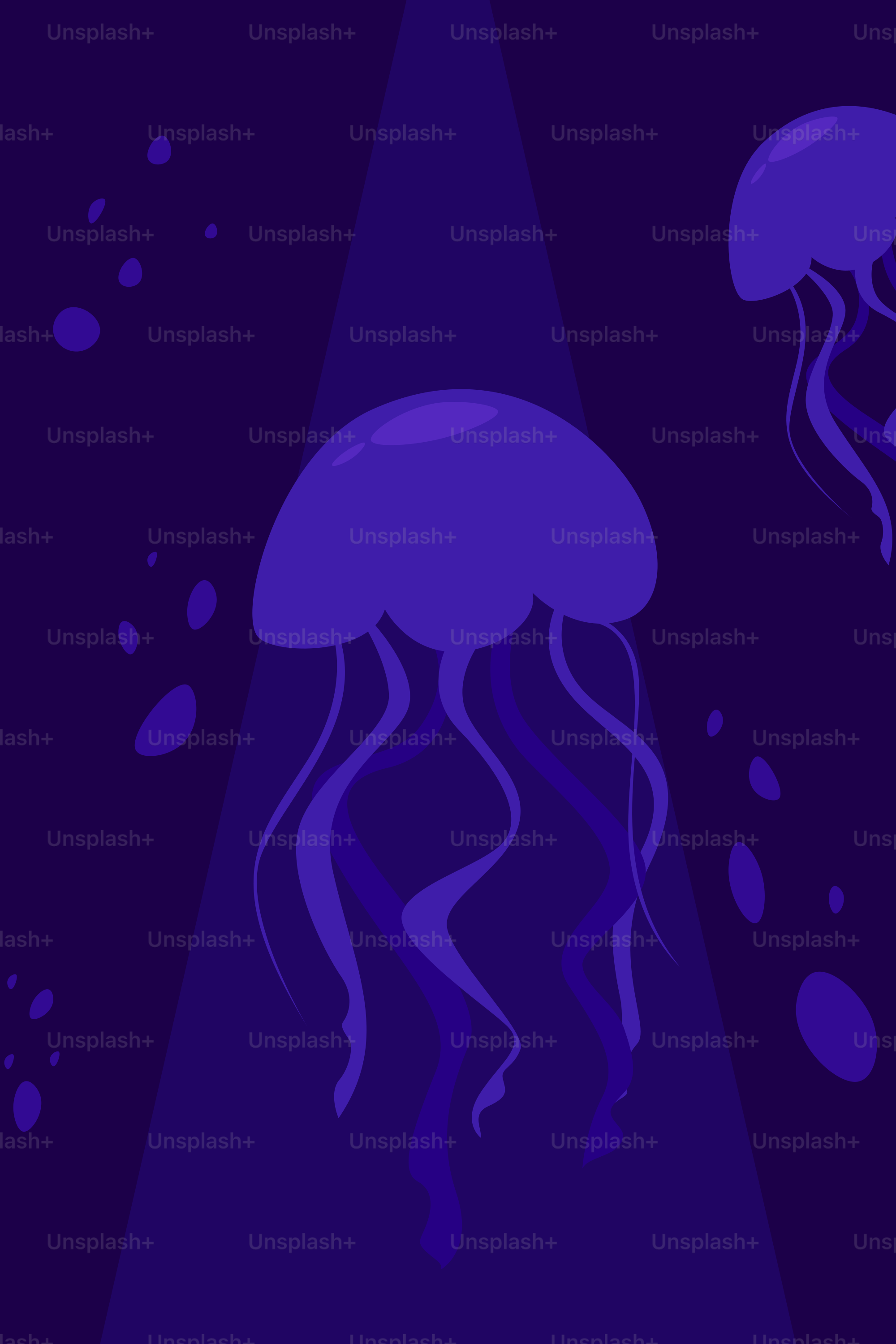 Purple jellyfish glow in the deep ocean.