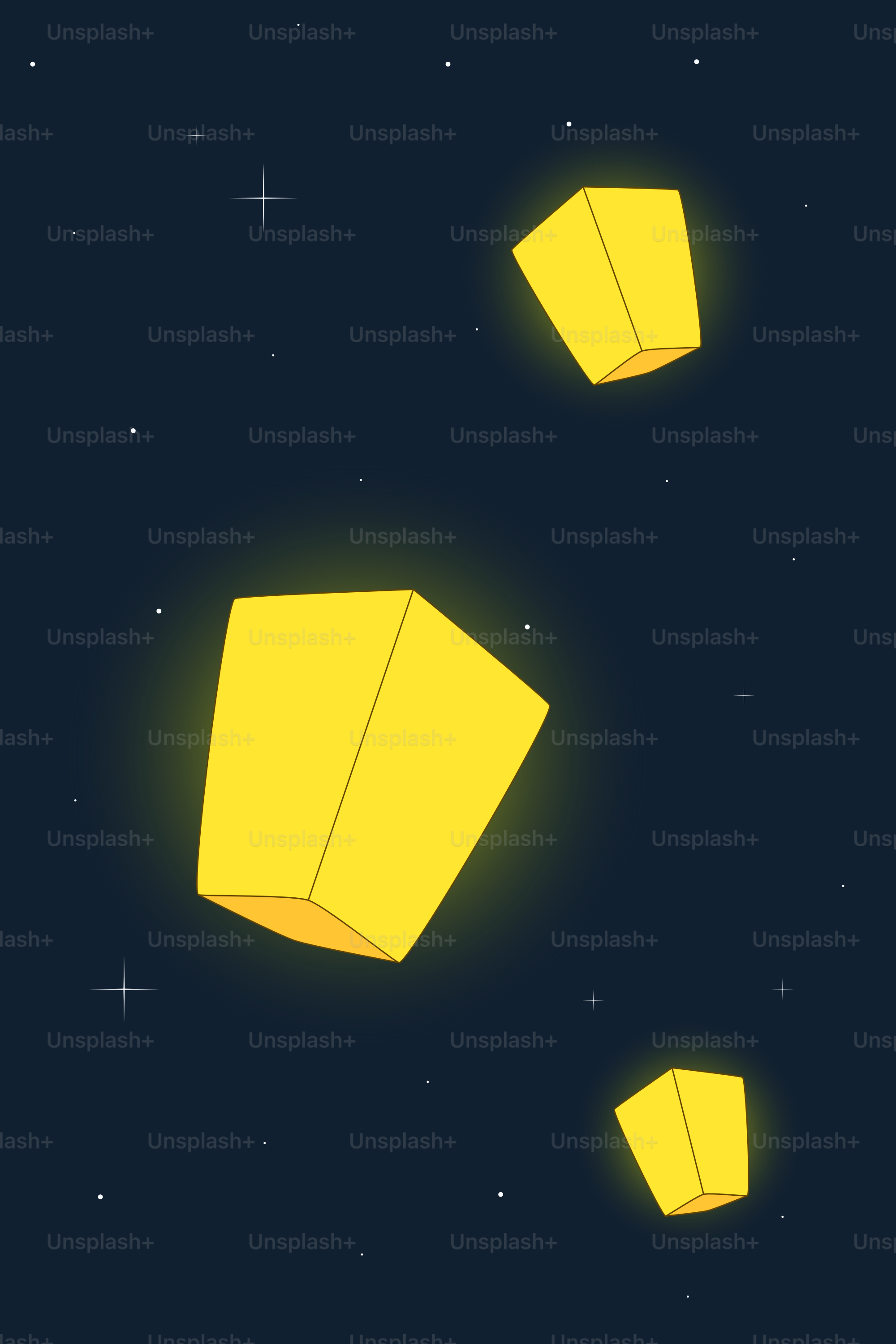 Yellow sky lanterns float in the dark sky.