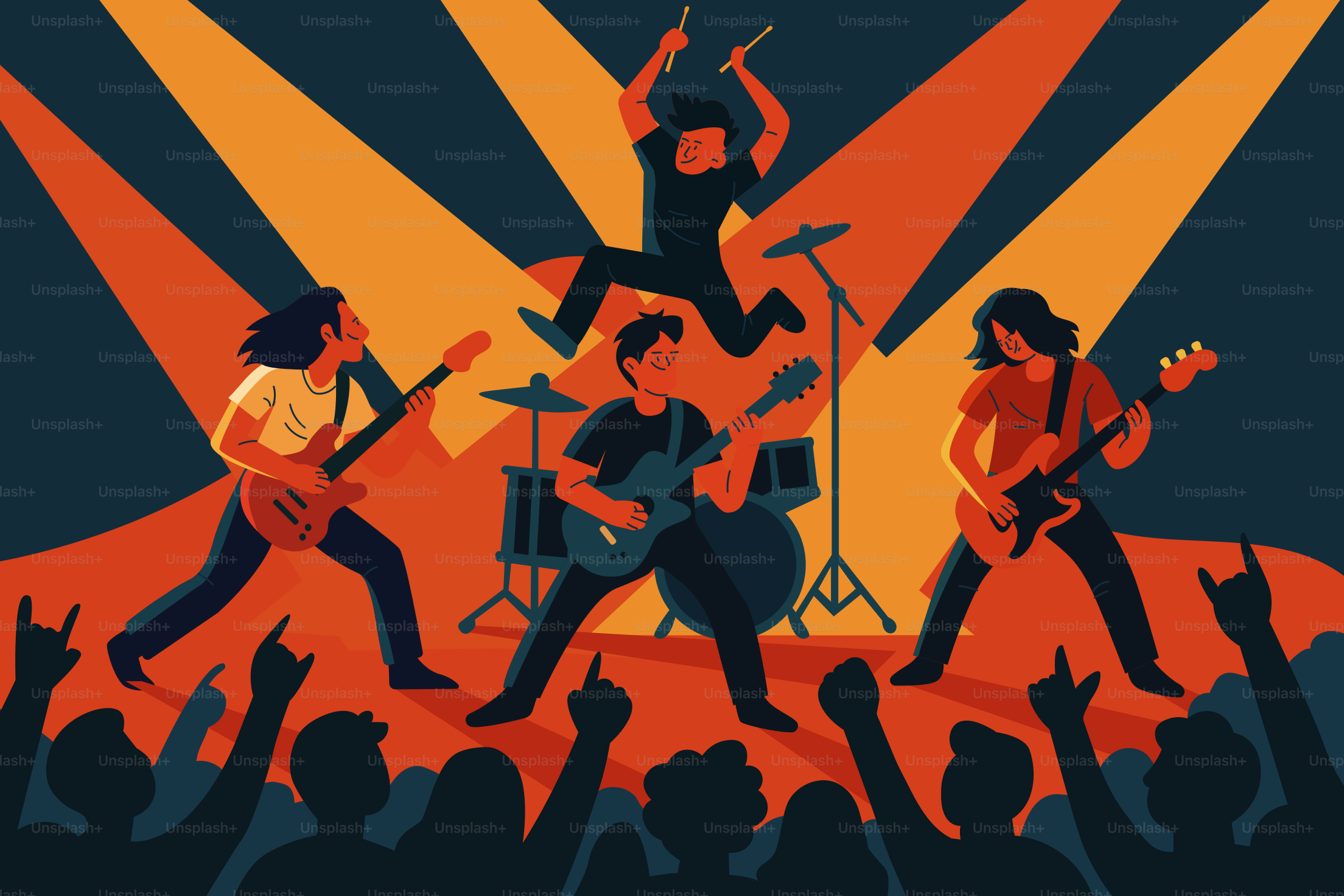 A rock band performs on stage with energy.