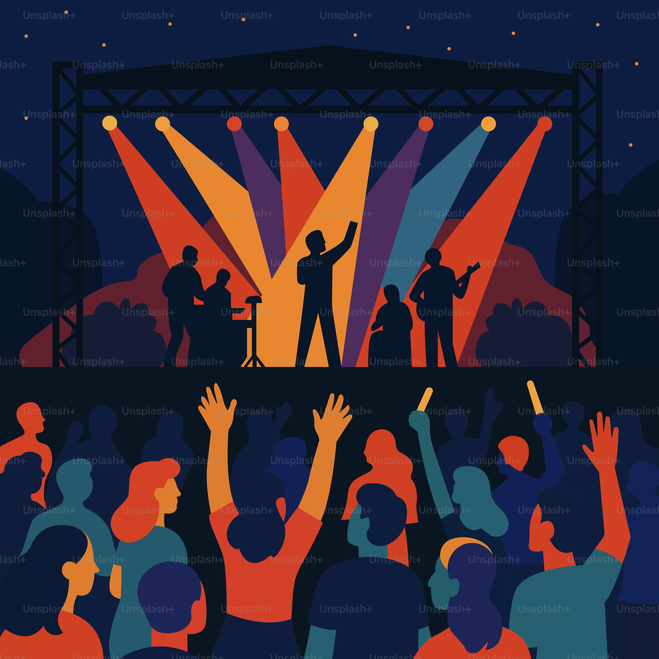 A band plays on stage for an enthusiastic audience.