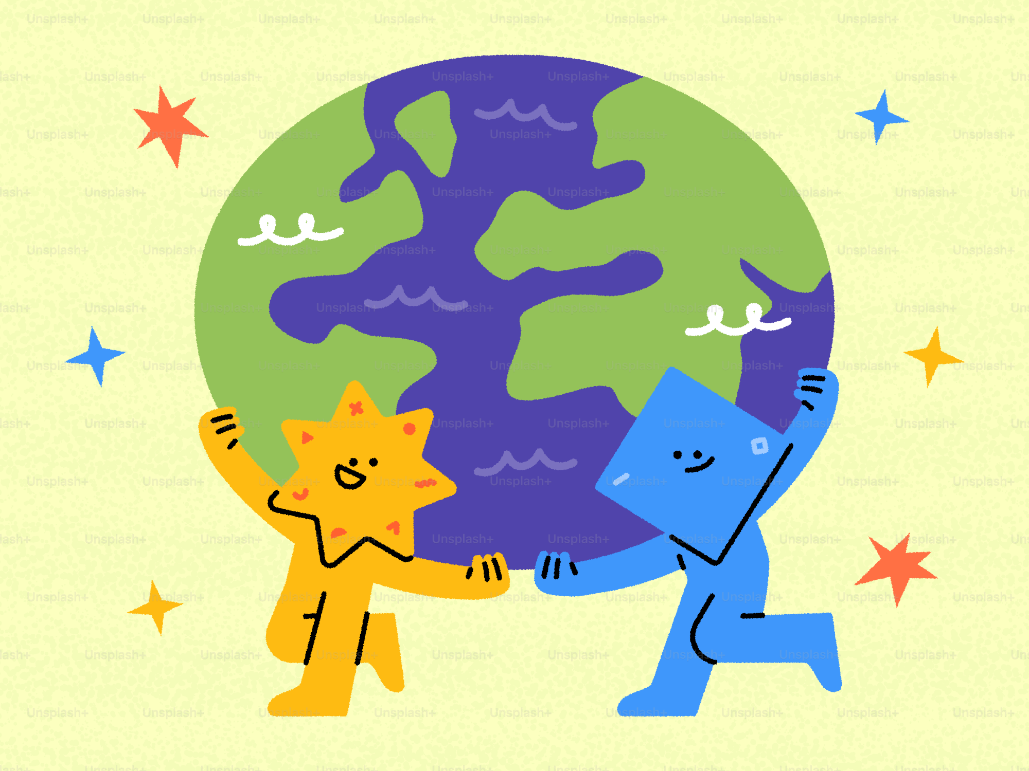 Two characters celebrate and protect earth.