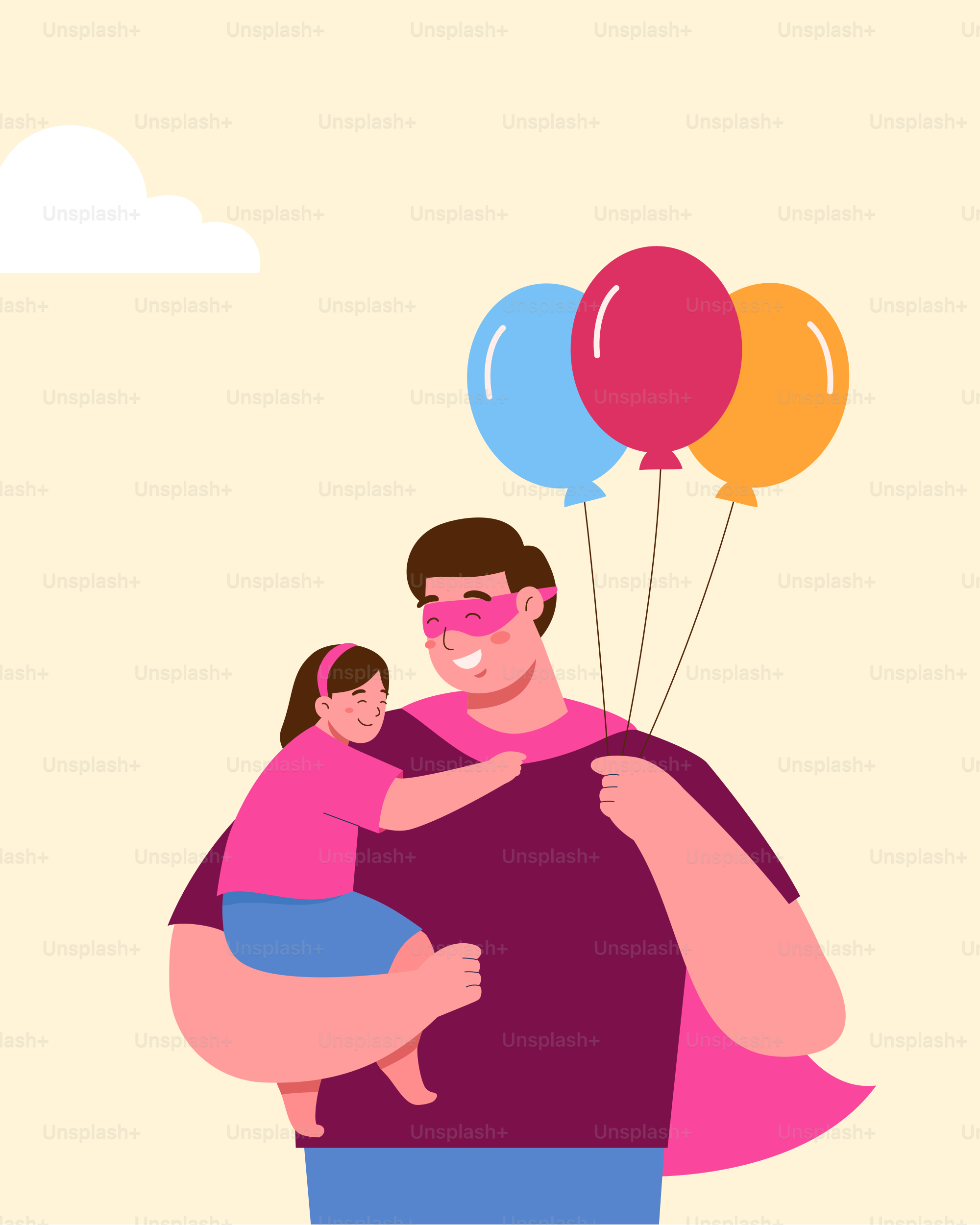 Superhero dad and daughter enjoy balloons.