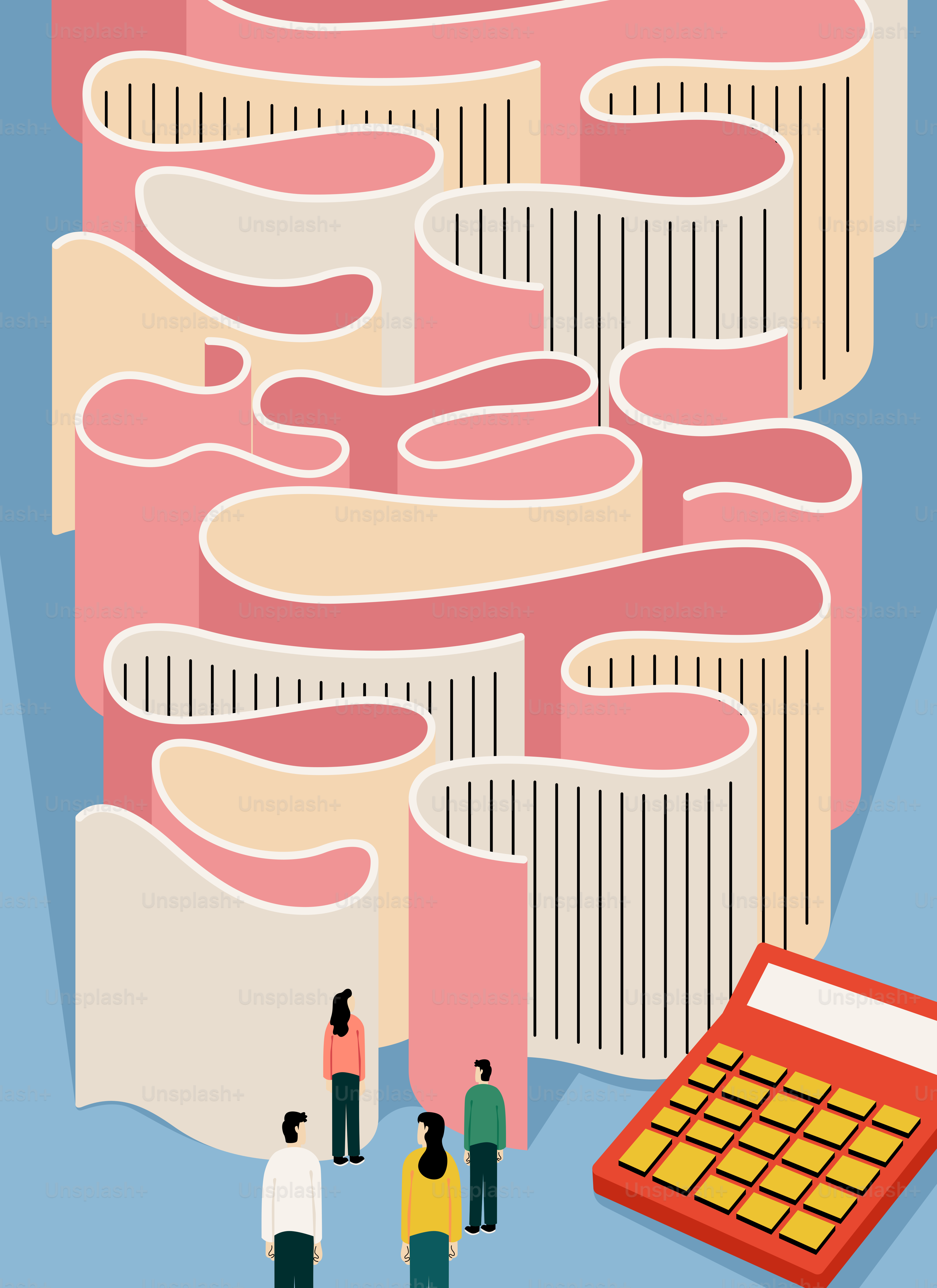 Die Leute untersuchen Papierkram mit einem Taschenrechner in der Nähe.