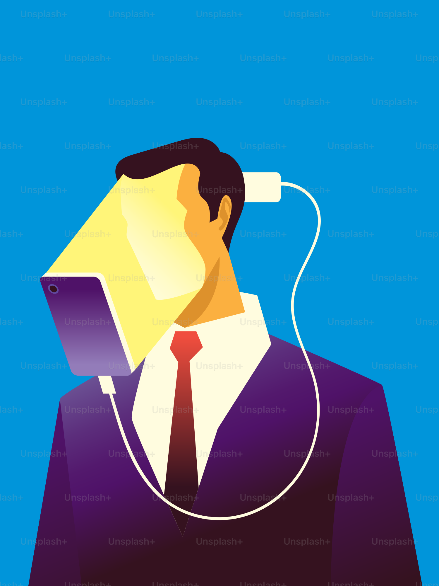 Man has phone for head, plugged in.