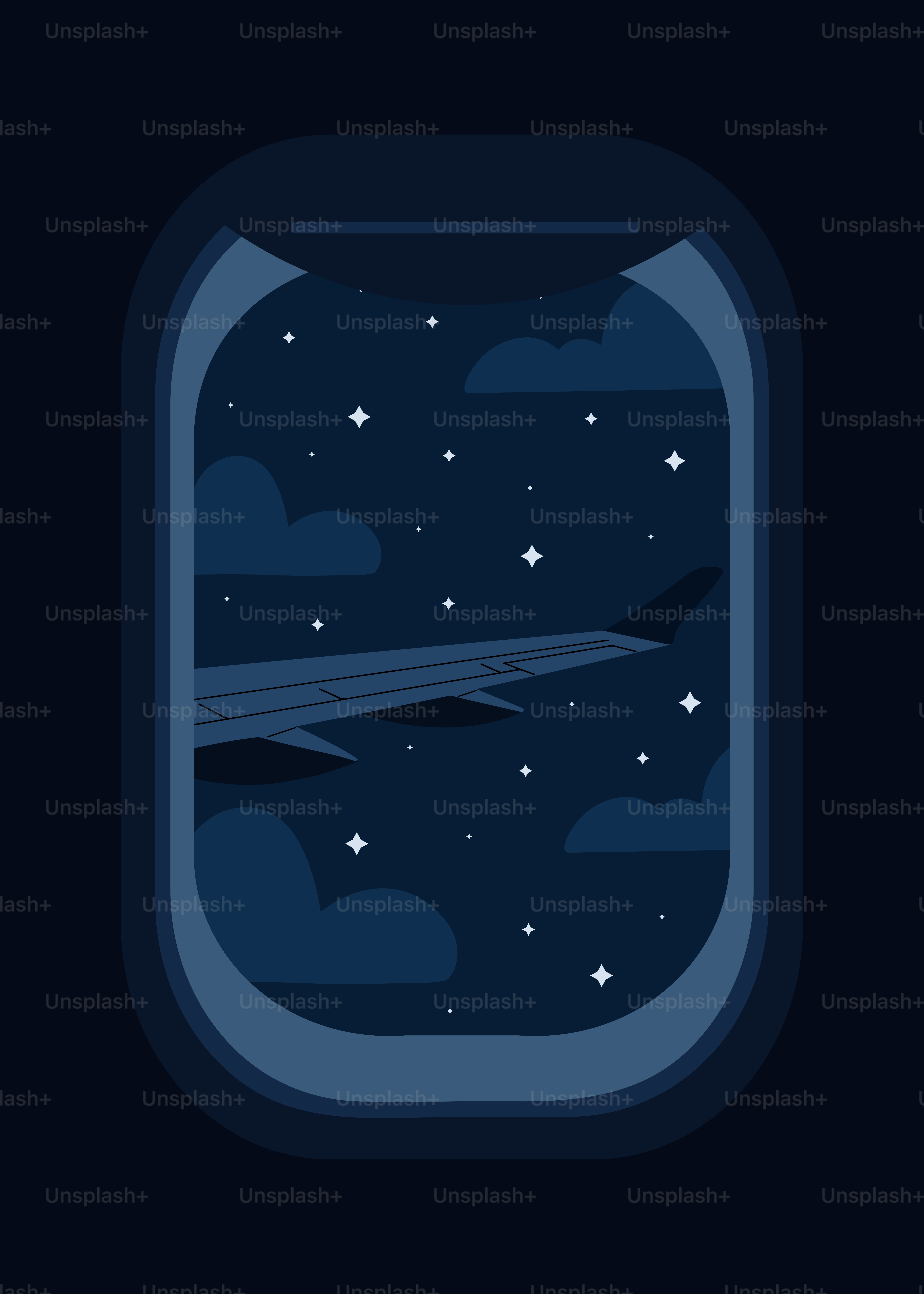 Airplane wing soars through the starry night sky.